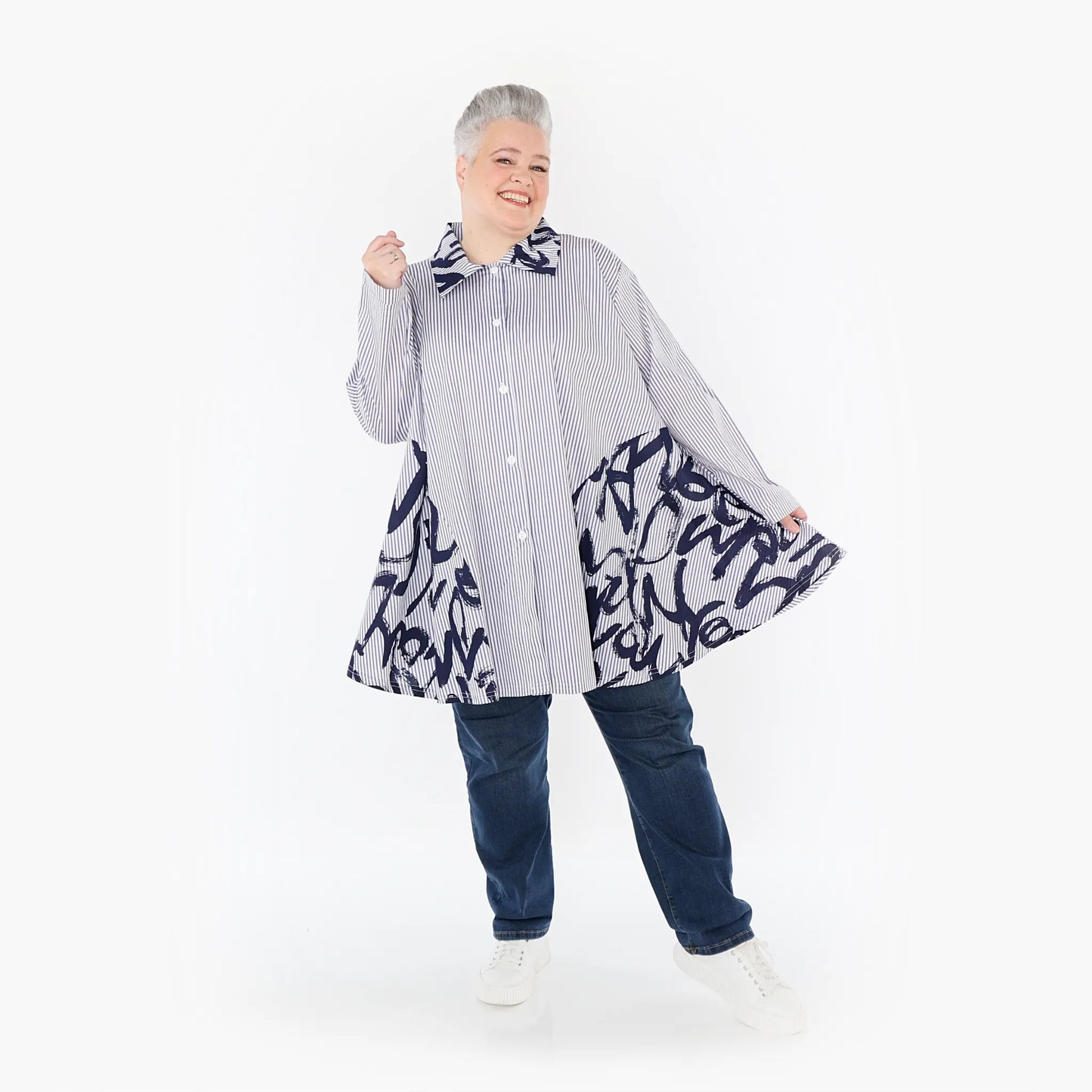 AKH Fashion Bluse in Glocken-Form, aus Baumwolle, 1435.06795, Weiß/Blau, Vichy-Streifen