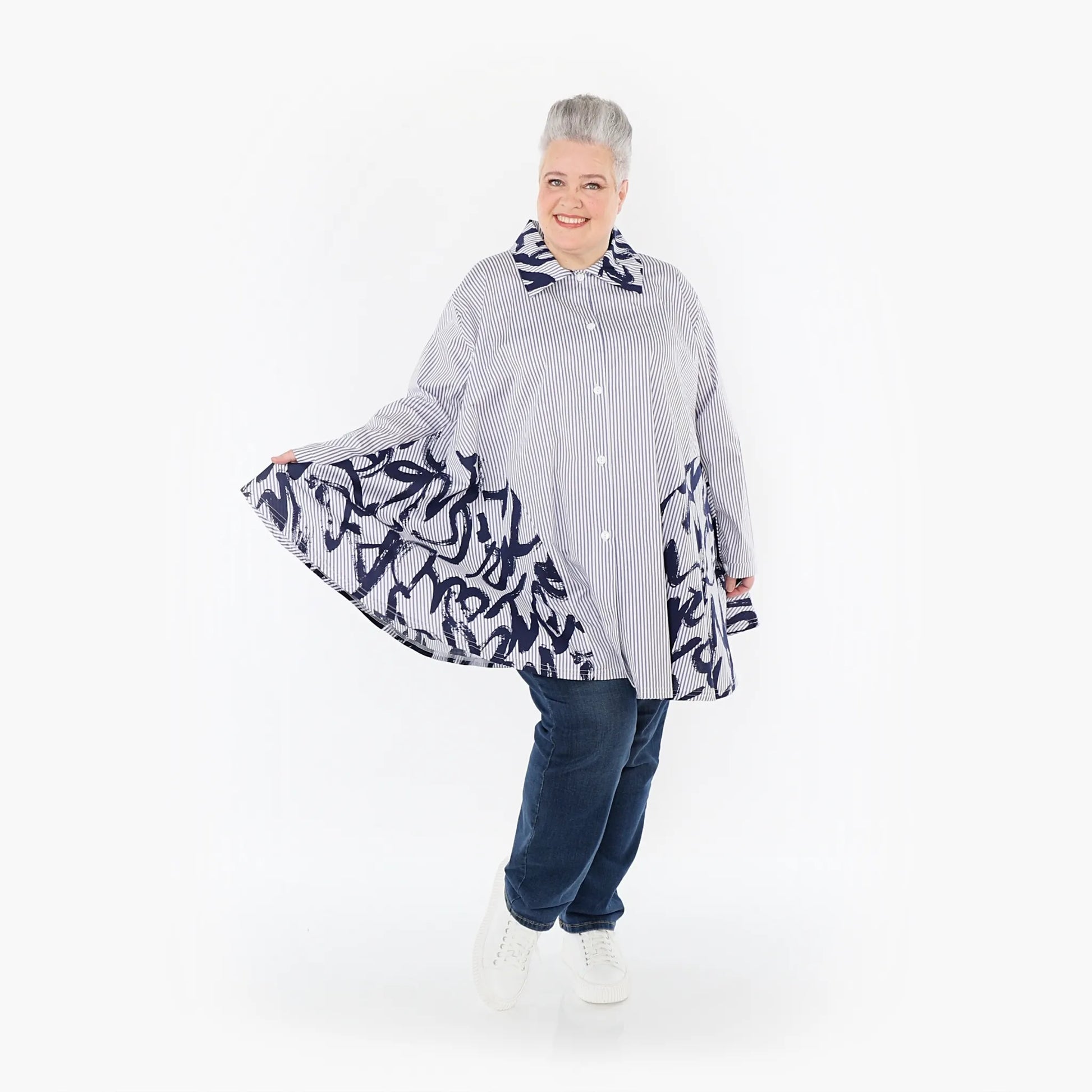 AKH Fashion Bluse in Glocken-Form, aus Baumwolle, 1435.06795, Weiß/Blau, Vichy-Streifen