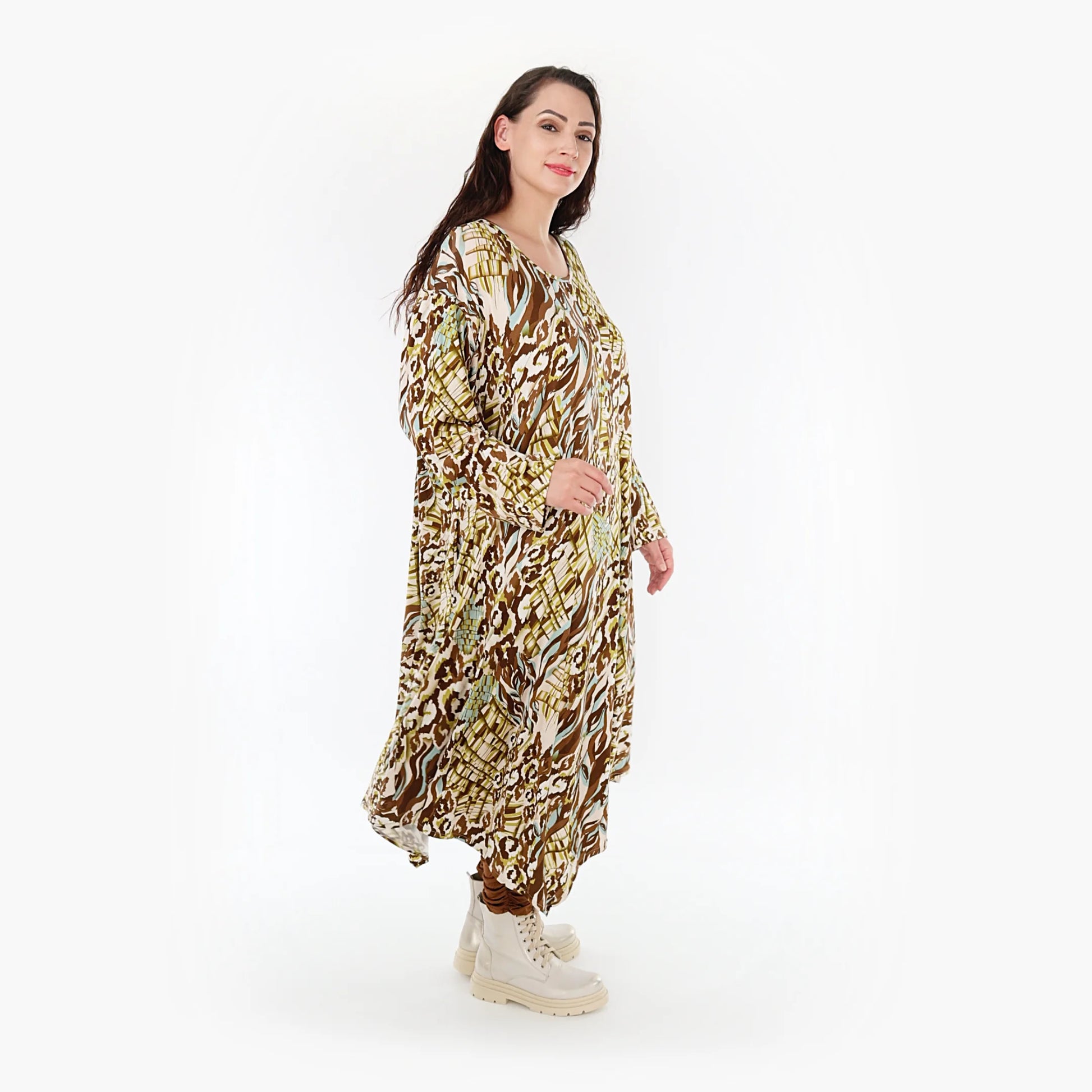 Ballonkleid von AKH Fashion aus Viskose, 1355.01927, Olive-Cognac-Weiß, Muster, Schick