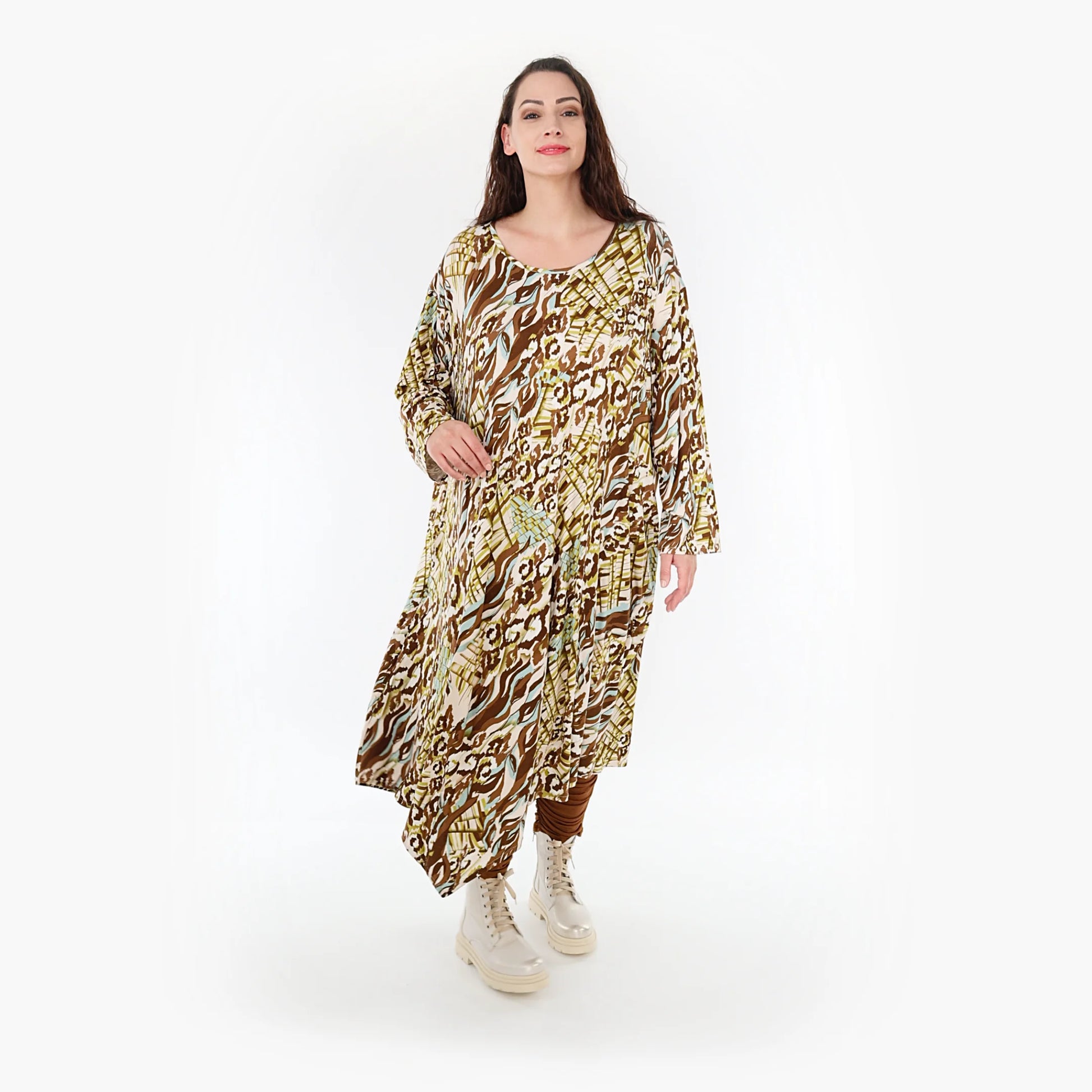 Ballonkleid von AKH Fashion aus Viskose, 1355.01927, Olive-Cognac-Weiß, Muster, Schick