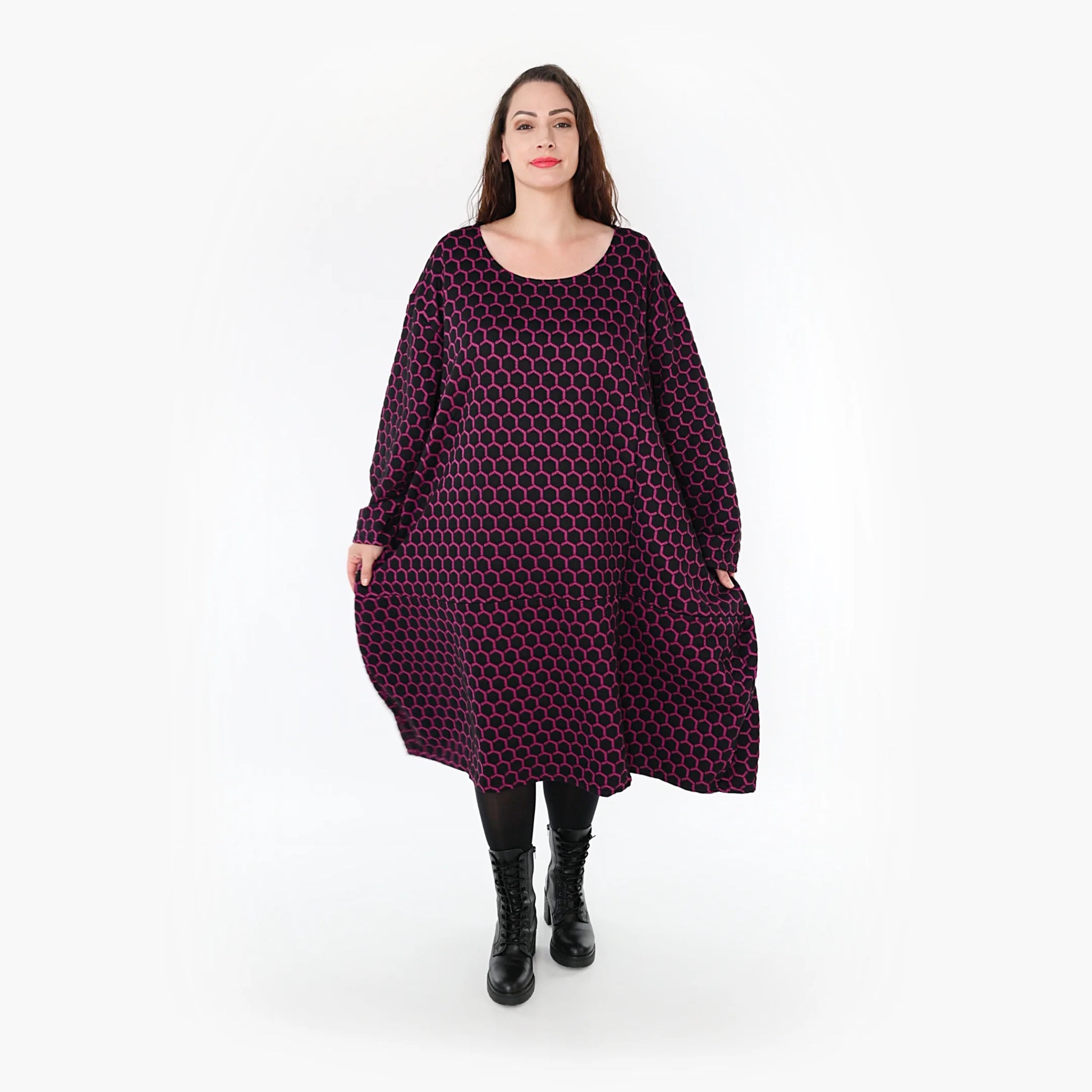 Ballonkleid von AKH Fashion aus Materialmix, 1365.06859, Schwarz-Fuchsia, Raute, Schick