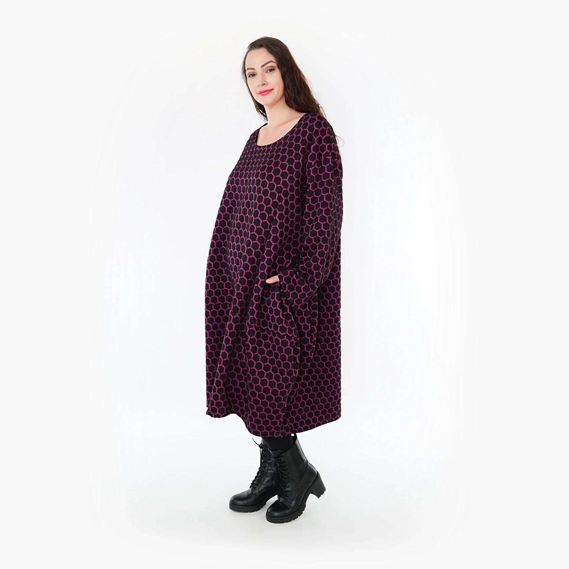 Ballonkleid von AKH Fashion aus Materialmix, 1365.06859, Schwarz-Fuchsia, Raute, Schick