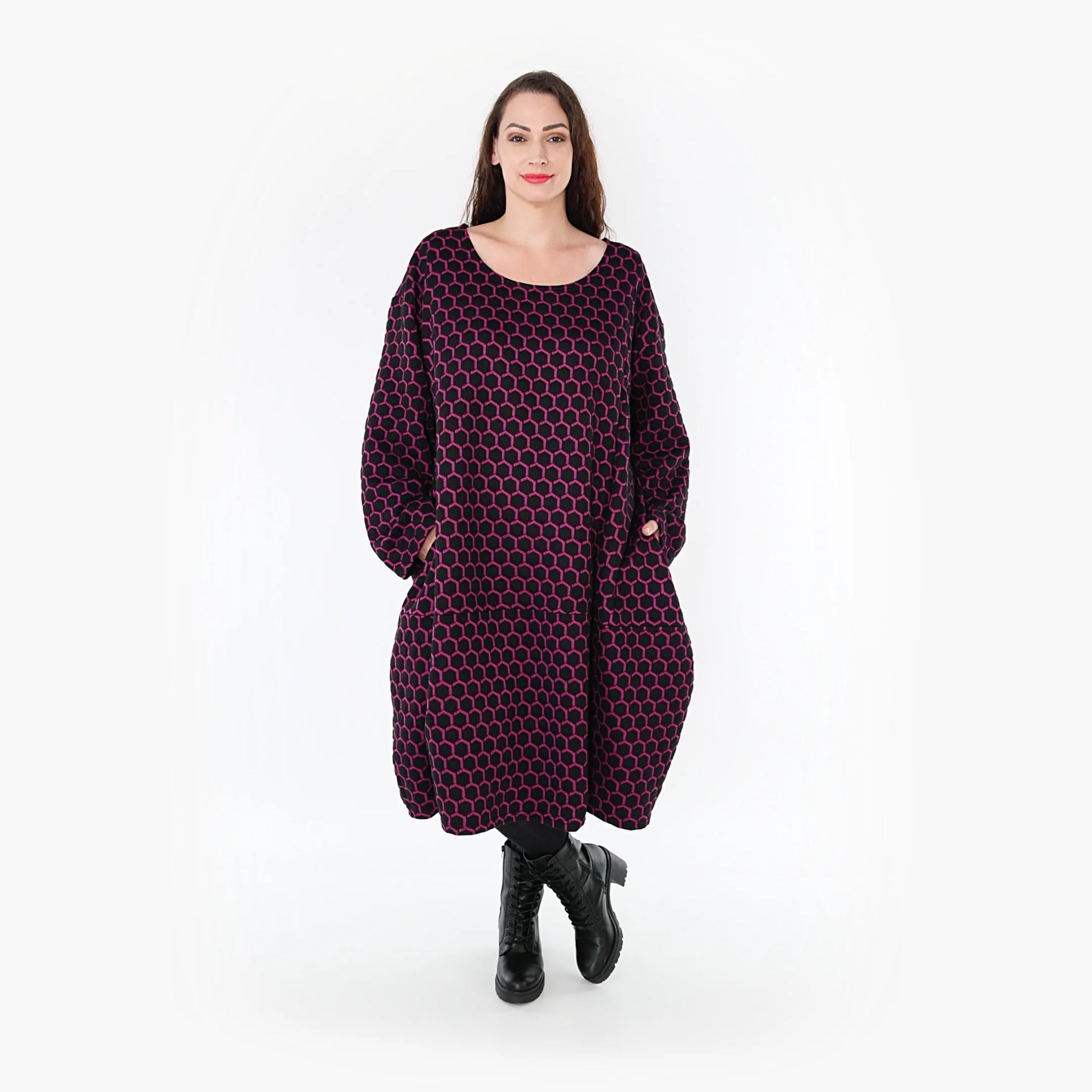 Ballonkleid von AKH Fashion aus Materialmix, 1365.06859, Schwarz-Fuchsia, Raute, Schick