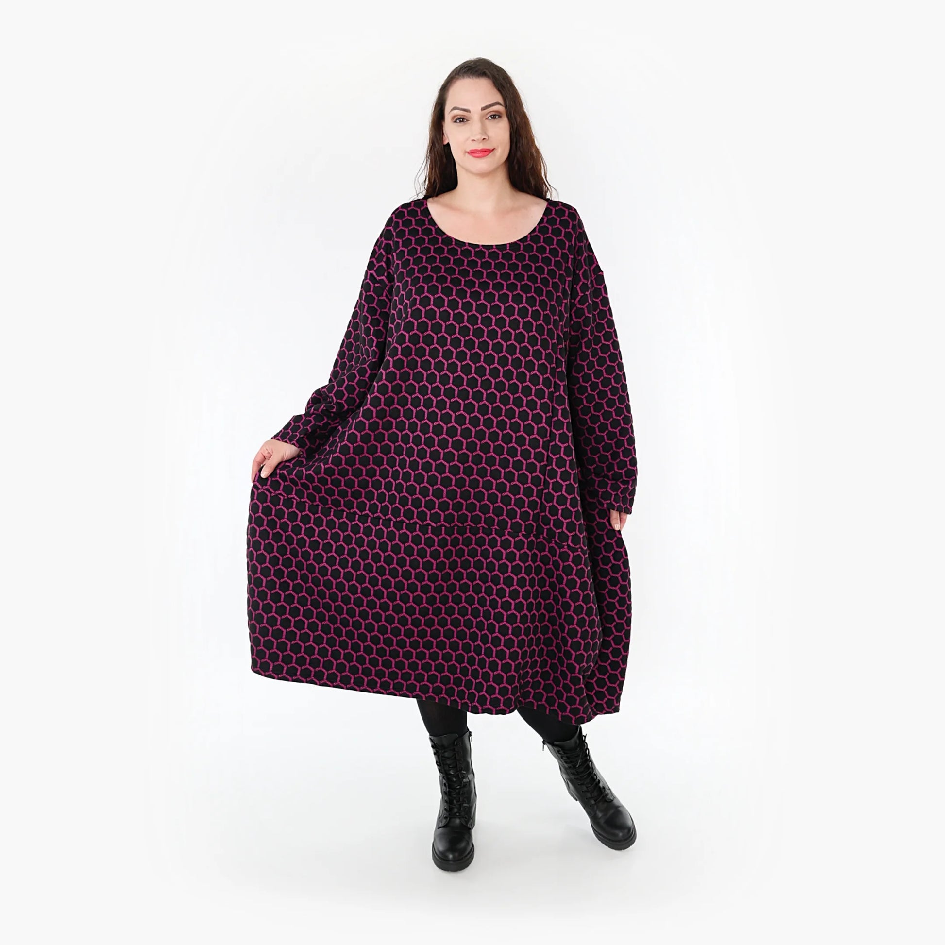 Ballonkleid von AKH Fashion aus Materialmix, 1365.06859, Schwarz-Fuchsia, Raute, Schick