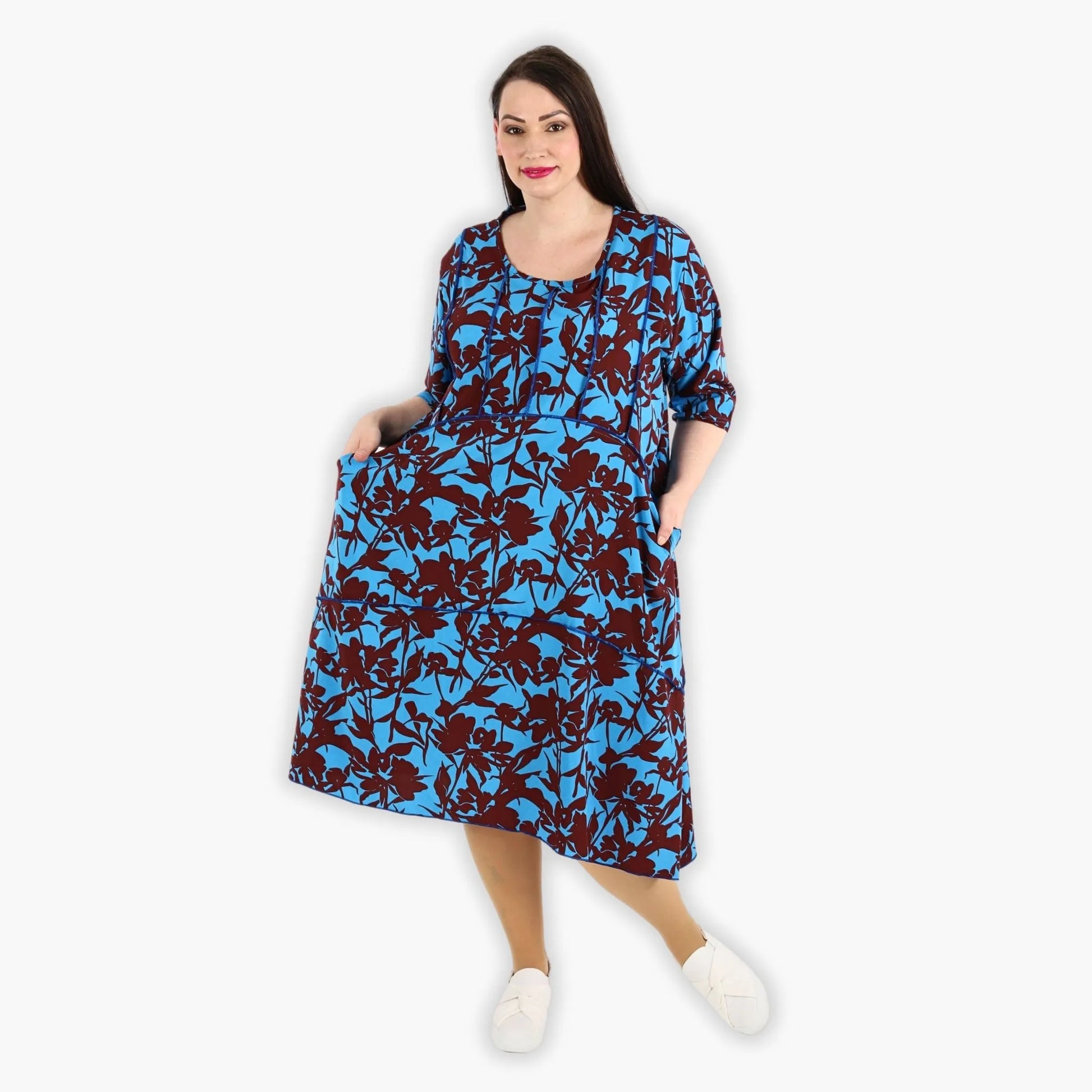 Ballonkleid von AKH Fashion aus Viskose, 1304.06564, Maroon-Blau, Blumen, Schick, Modern