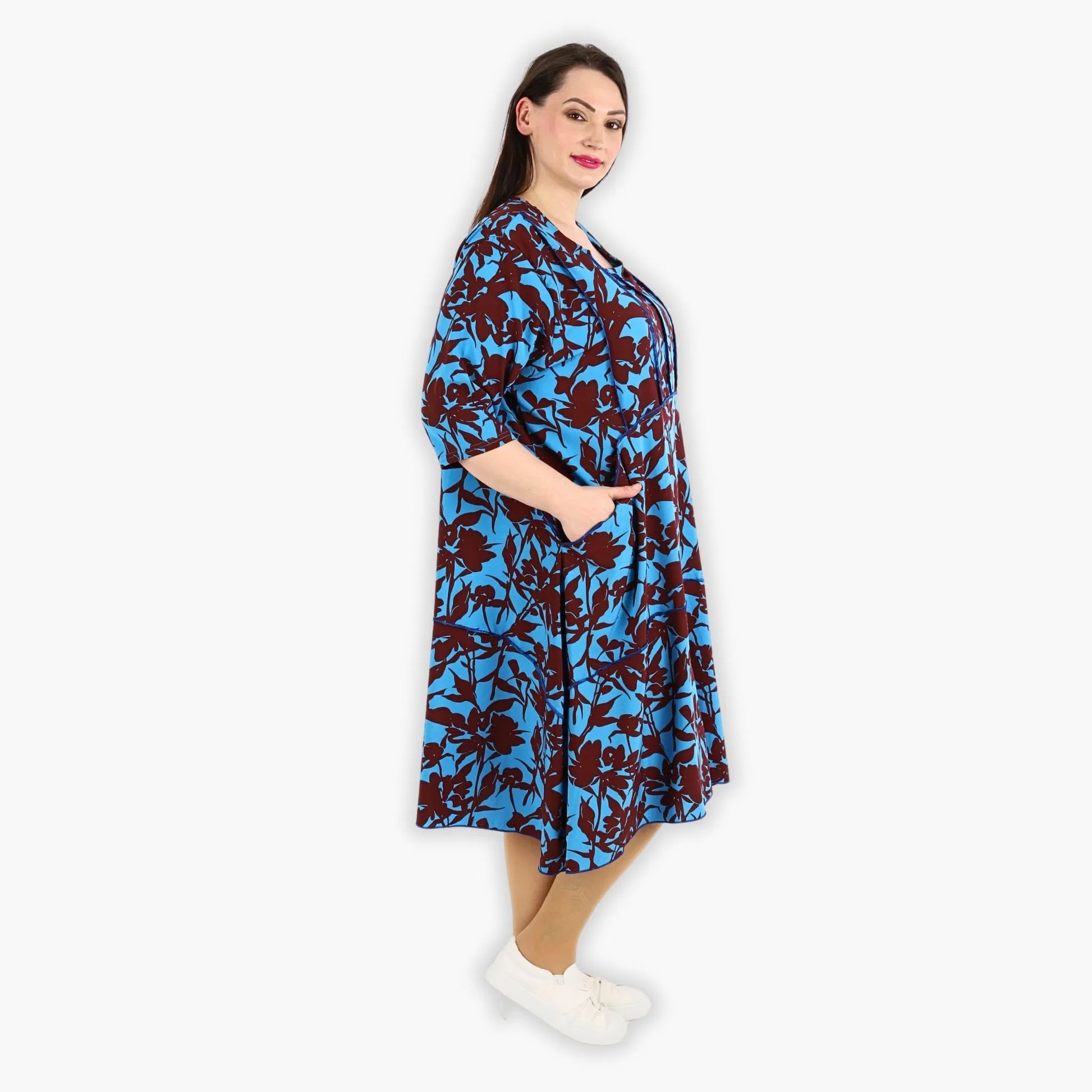 Ballonkleid von AKH Fashion aus Viskose, 1304.06564, Maroon-Blau, Blumen, Schick, Modern