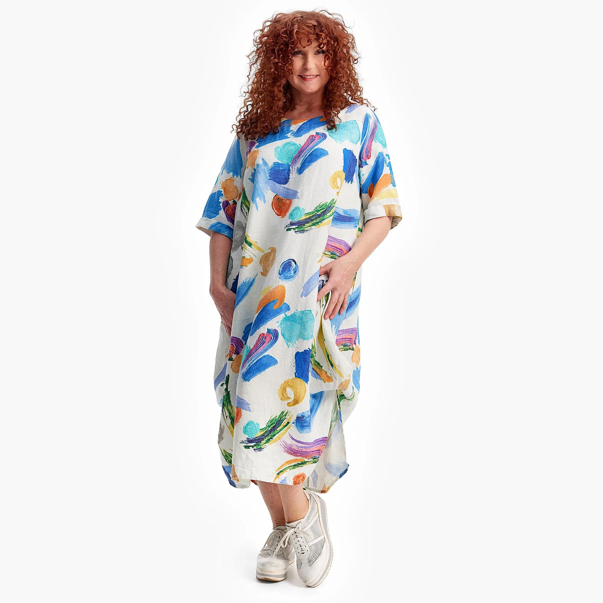 Ballonkleid von Do Your Best aus Leinen, D682, Print/Blue, Abstrakt, Schick, Modern