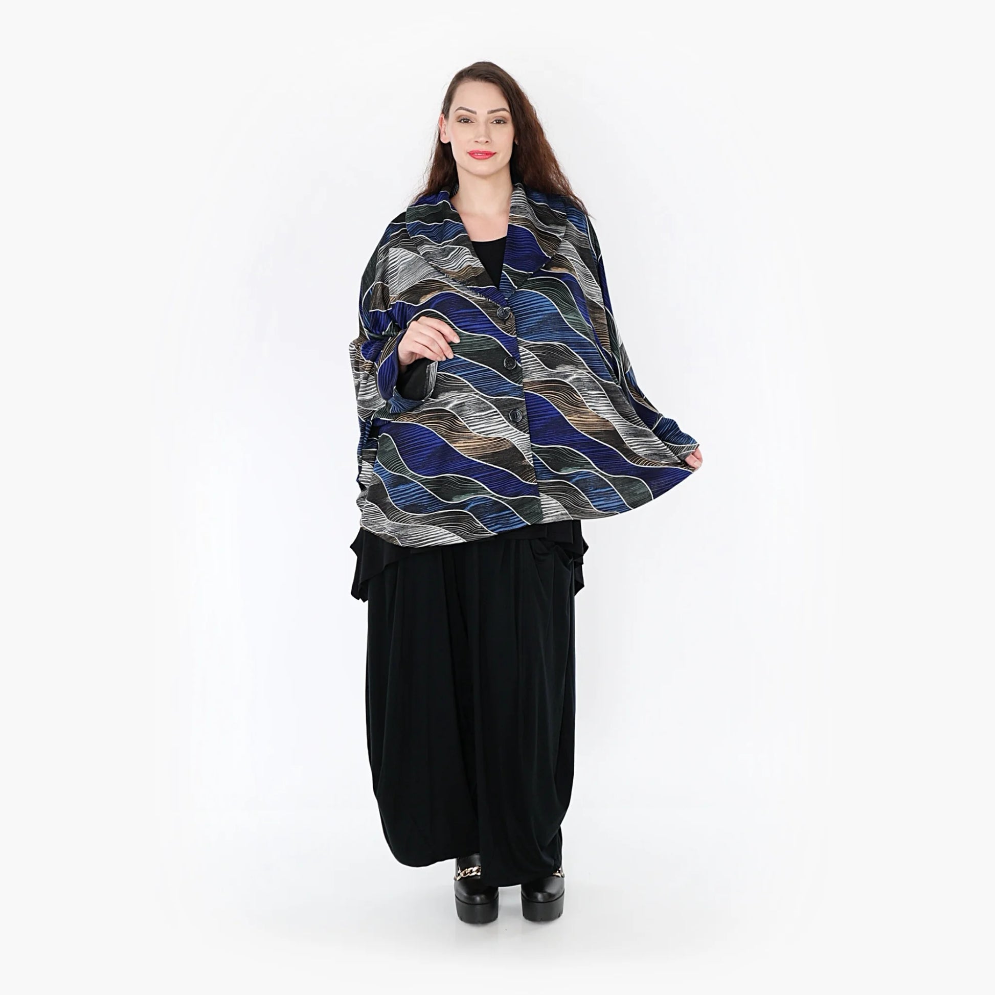 AKH Fashion Jacke in gerundeter Form, aus Materialmix, 1334.00140, Blau-Grau, Farbmix