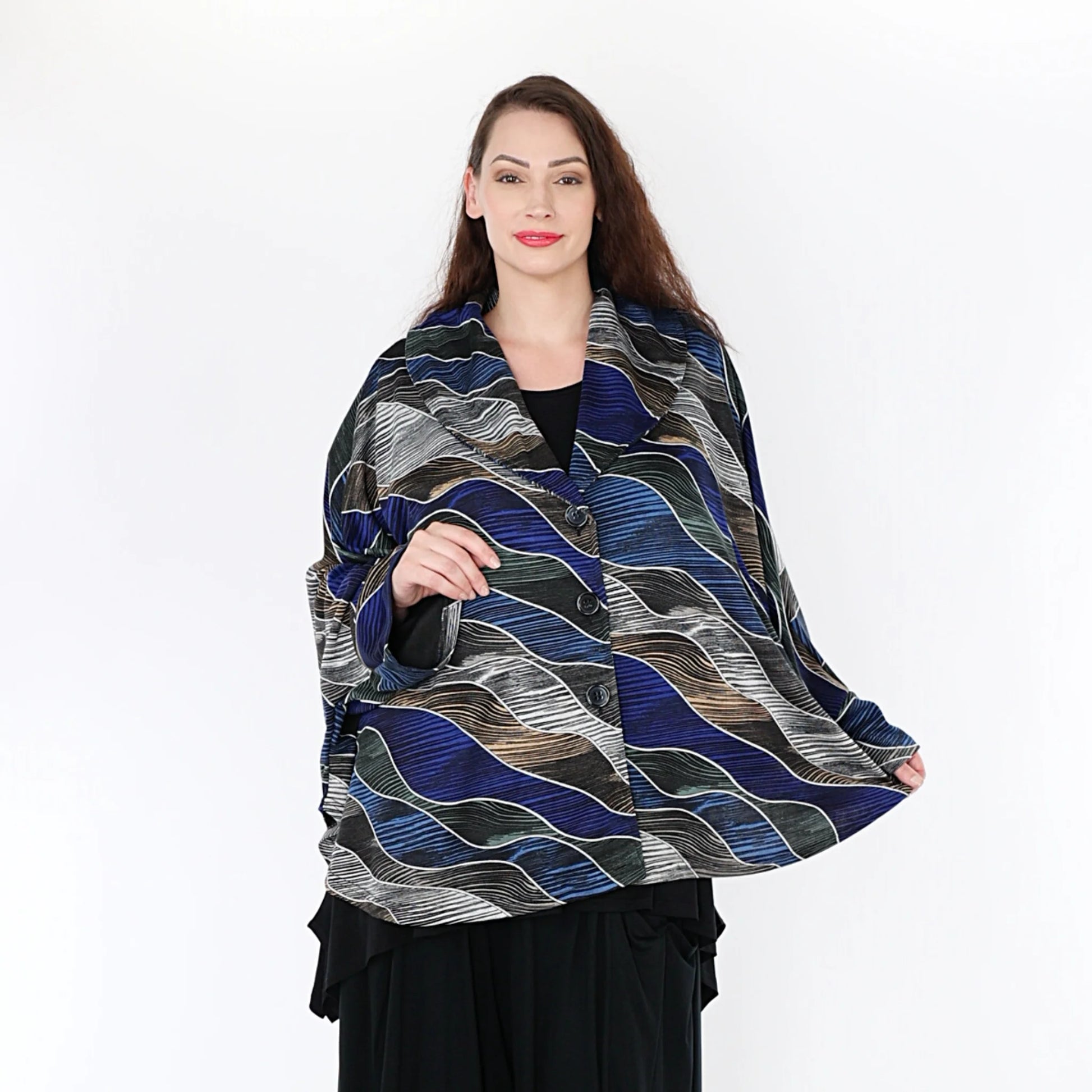 AKH Fashion Jacke in gerundeter Form, aus Materialmix, 1334.00140, Blau-Grau, Farbmix