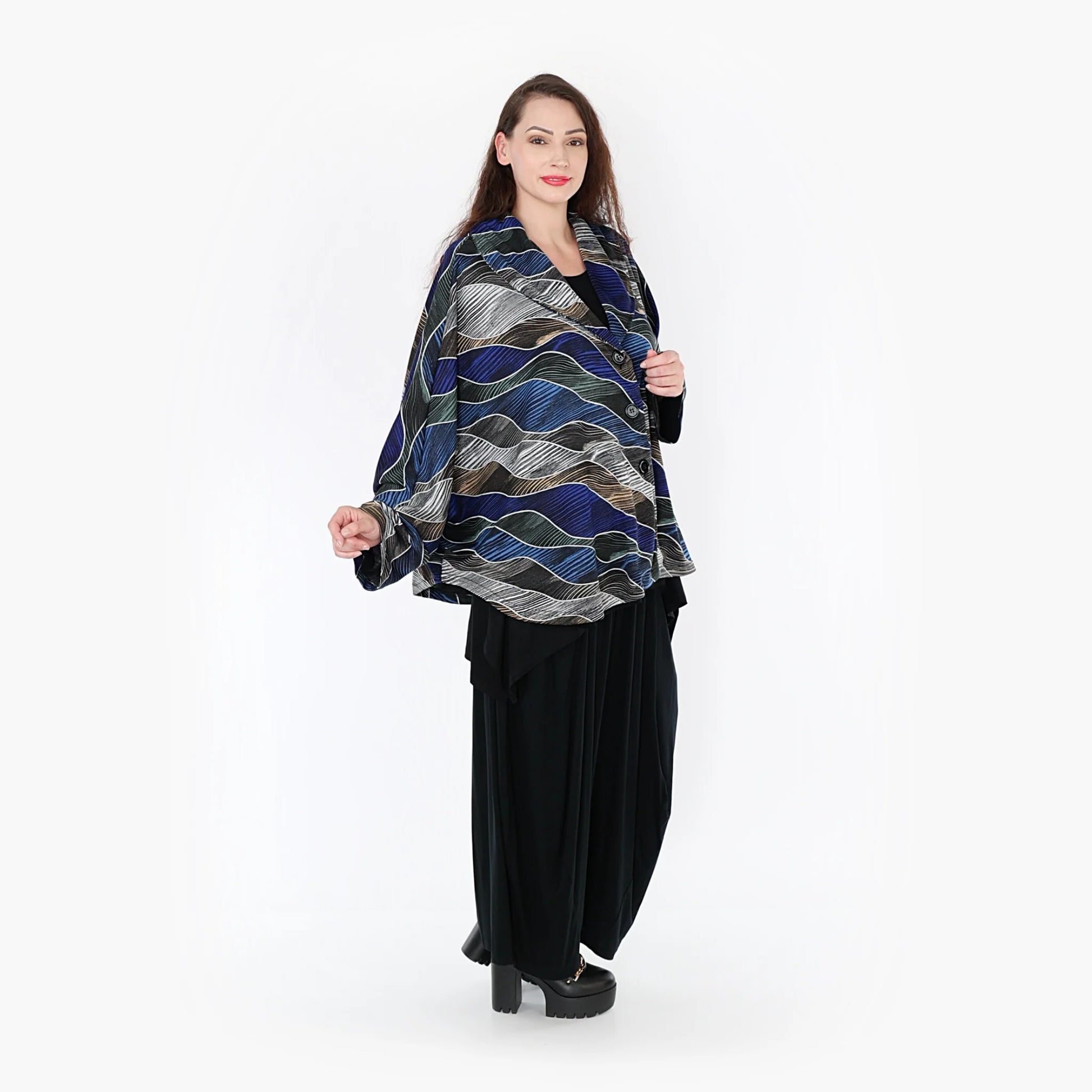 AKH Fashion Jacke in gerundeter Form, aus Materialmix, 1334.00140, Blau-Grau, Farbmix
