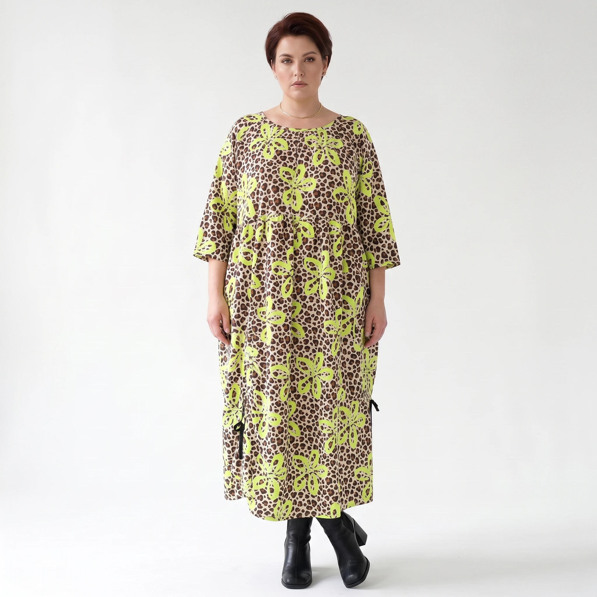 Ballonkleid von AKH Fashion aus Baumwolle, 1514.07122, Beige/Braun/Neongrün, Leopard