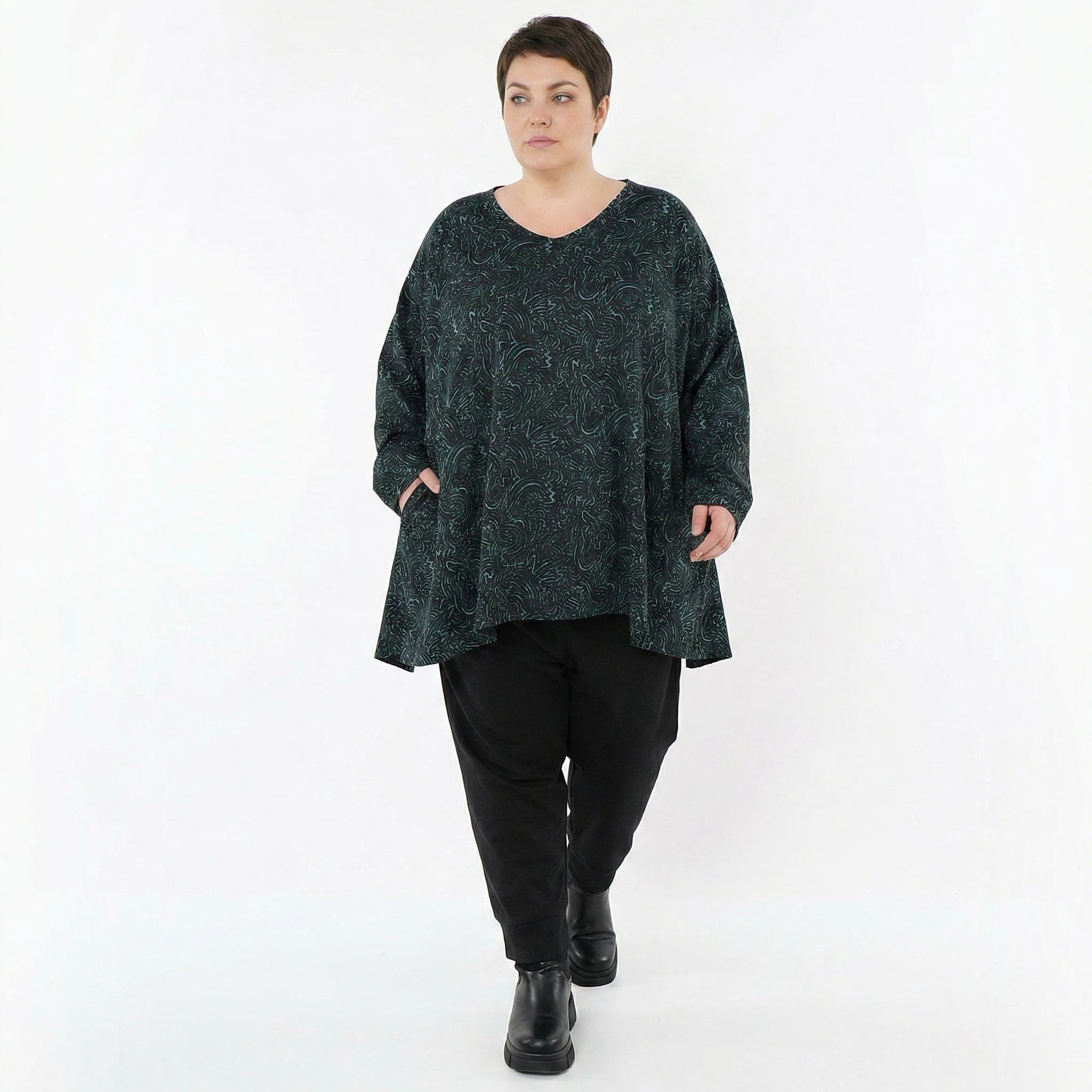 A-Form Bigshirt von AKH Fashion aus Materialmix, 1516.00593, Schwarz/Petrol/Grün, Kringel