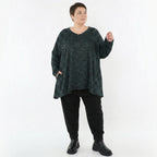 A-Form Bigshirt mit Jacquardmuster in Schwarz Petrol Grün V-Ausschnitt und Nahttaschen