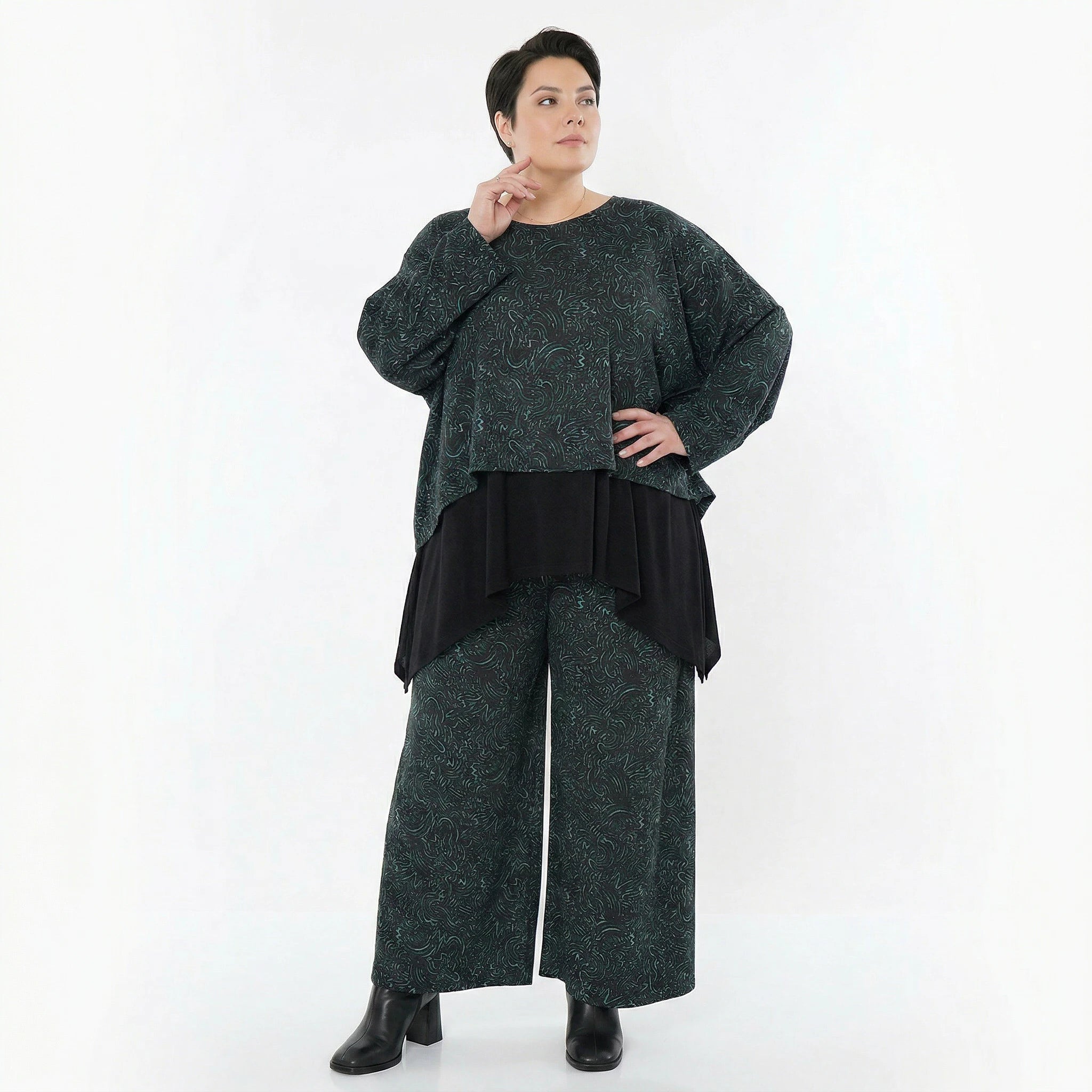 Marlene Hose von AKH Fashion aus Materialmix, 1516.02063, Schwarz/Petrol/Grün, Kringel