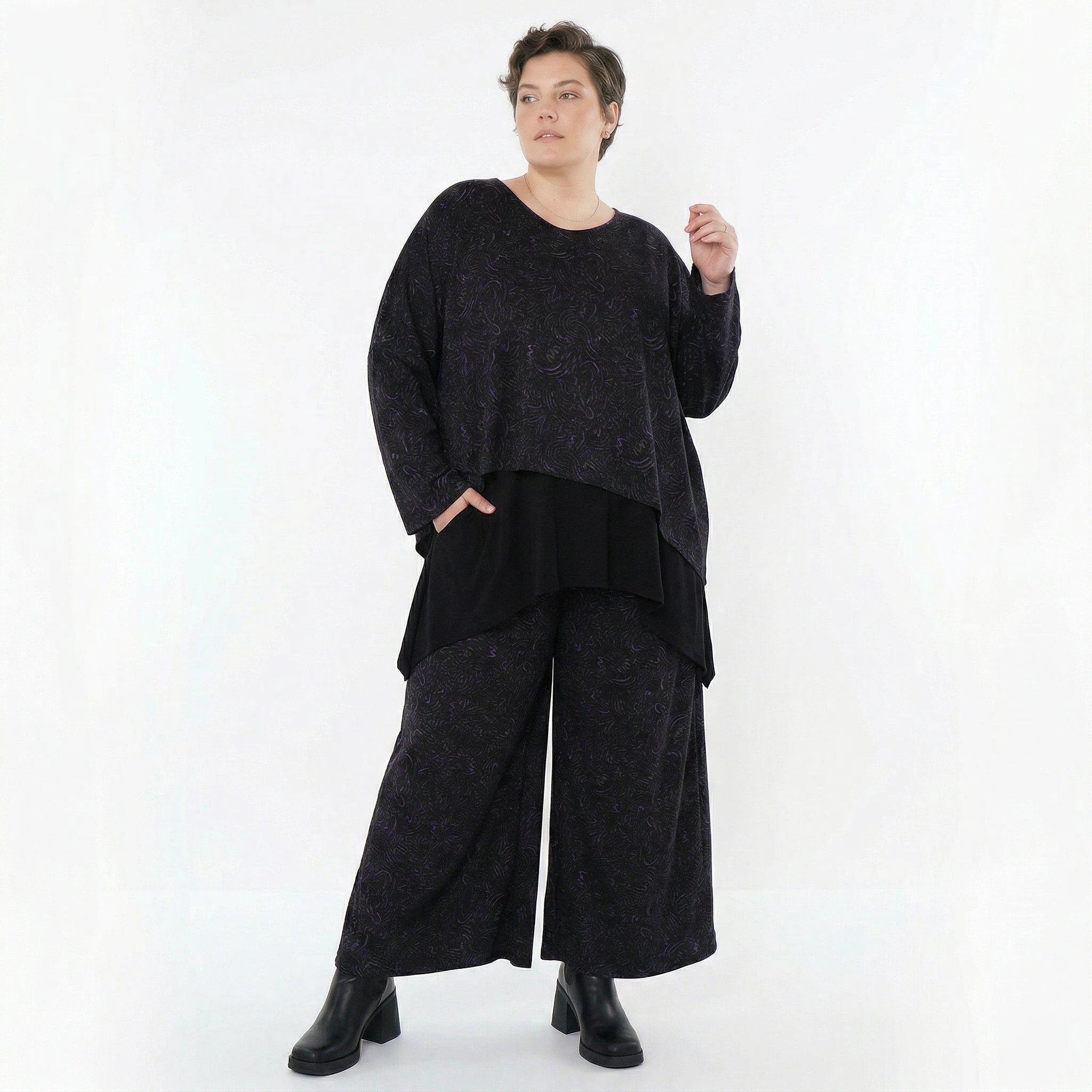 Marlene Hose von AKH Fashion aus Materialmix, 1516.02063, Schwarz/Violett/Grau, Kringel