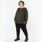 Jacquard Langarmshirt in Schwarz Neongrün und Cognac mit Kringelmuster und Kellerfalten