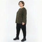 Jacquard Langarmshirt in Schwarz Neongrün und Cognac mit Kringelmuster und Kellerfalten