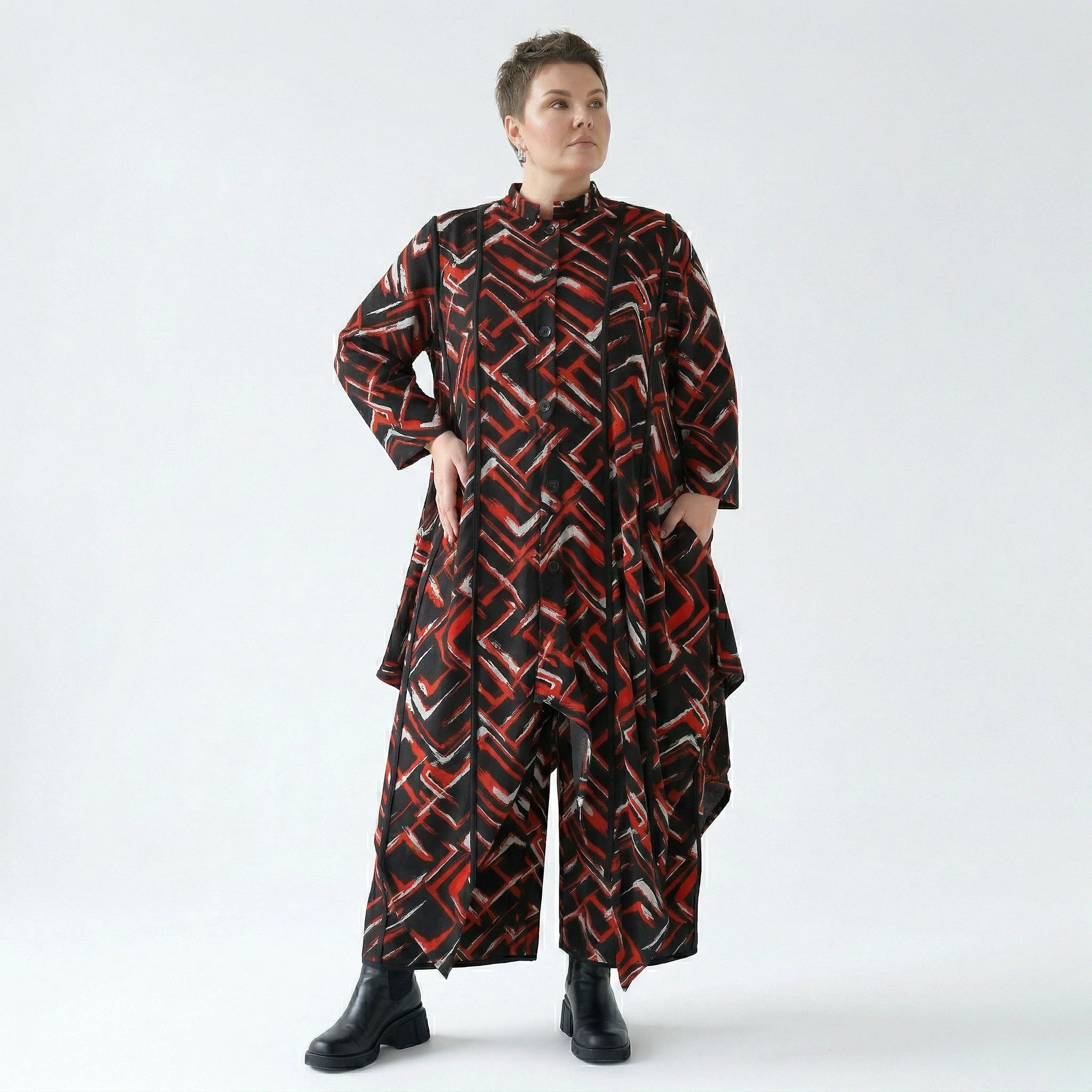 Zipfel Bluse von AKH Fashion aus Viskose, 1517.07129, Schwarz/Rot/Weiß, Pinselstrich