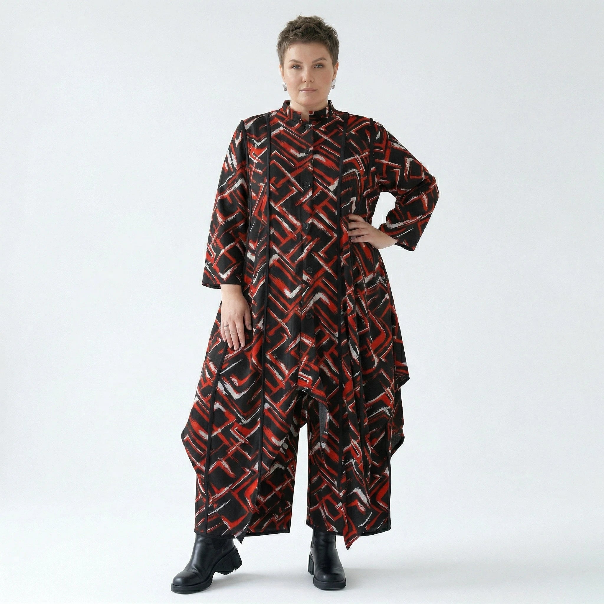 Zipfel Bluse von AKH Fashion aus Viskose, 1517.07129, Schwarz/Rot/Weiß, Pinselstrich