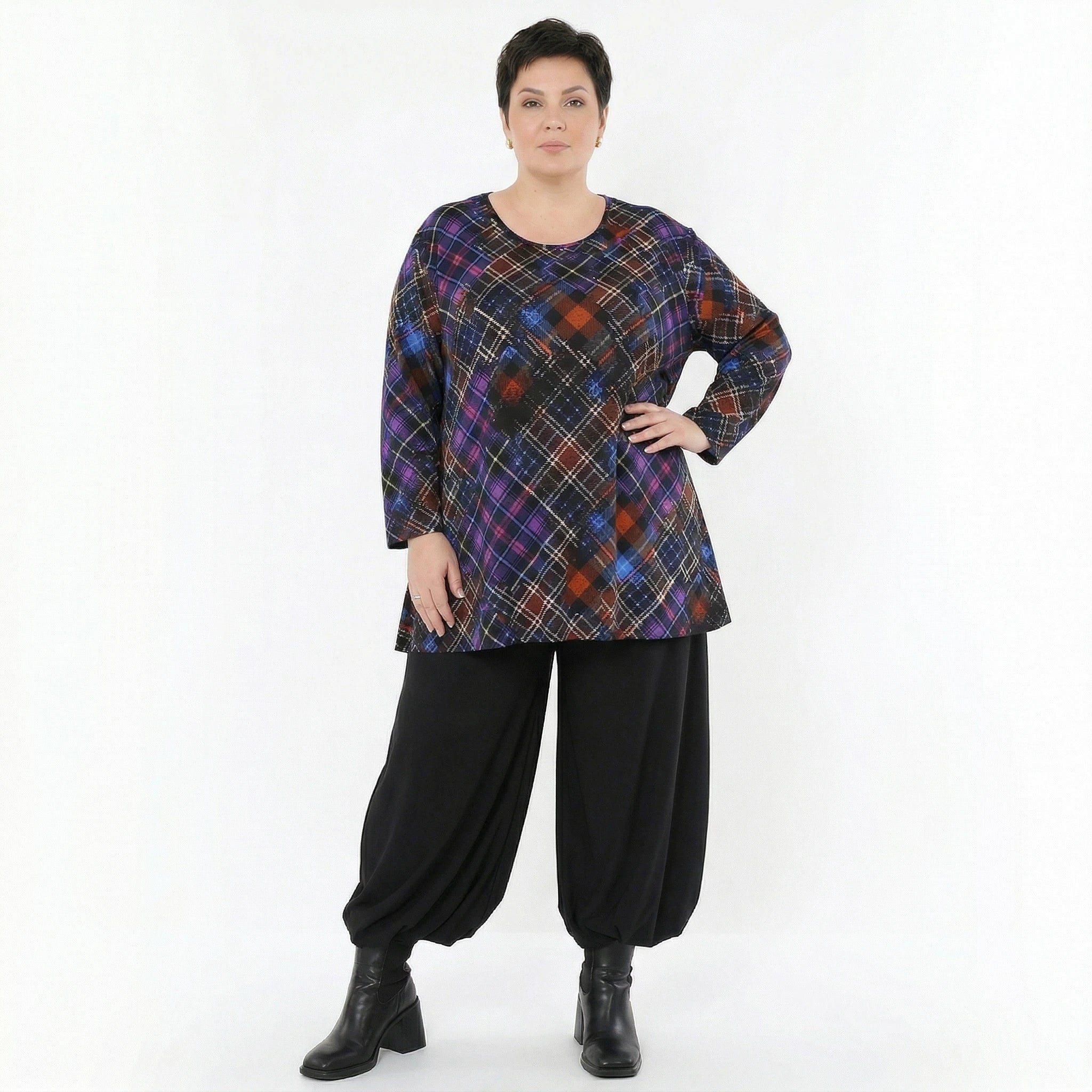 AKH Fashion Bigshirt in Glocken-Form, aus Viskose, 1518.01892, Multicolor/Blau, Kariert, Schick