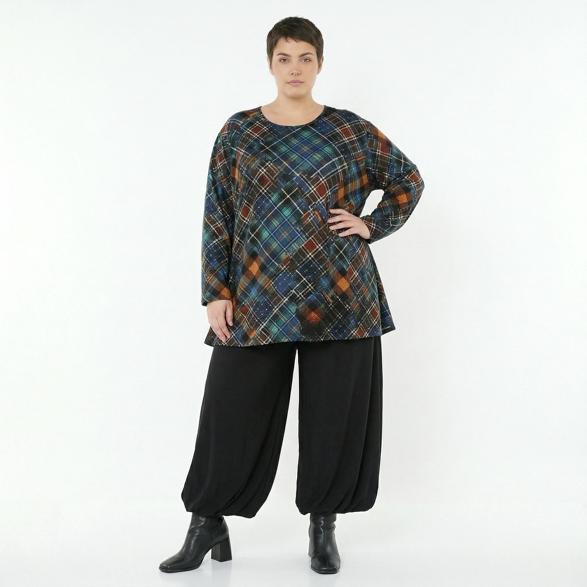 AKH Fashion Bigshirt in Glocken-Form, aus Viskose, 1518.01892, Multicolor/Grün, Kariert, Schick