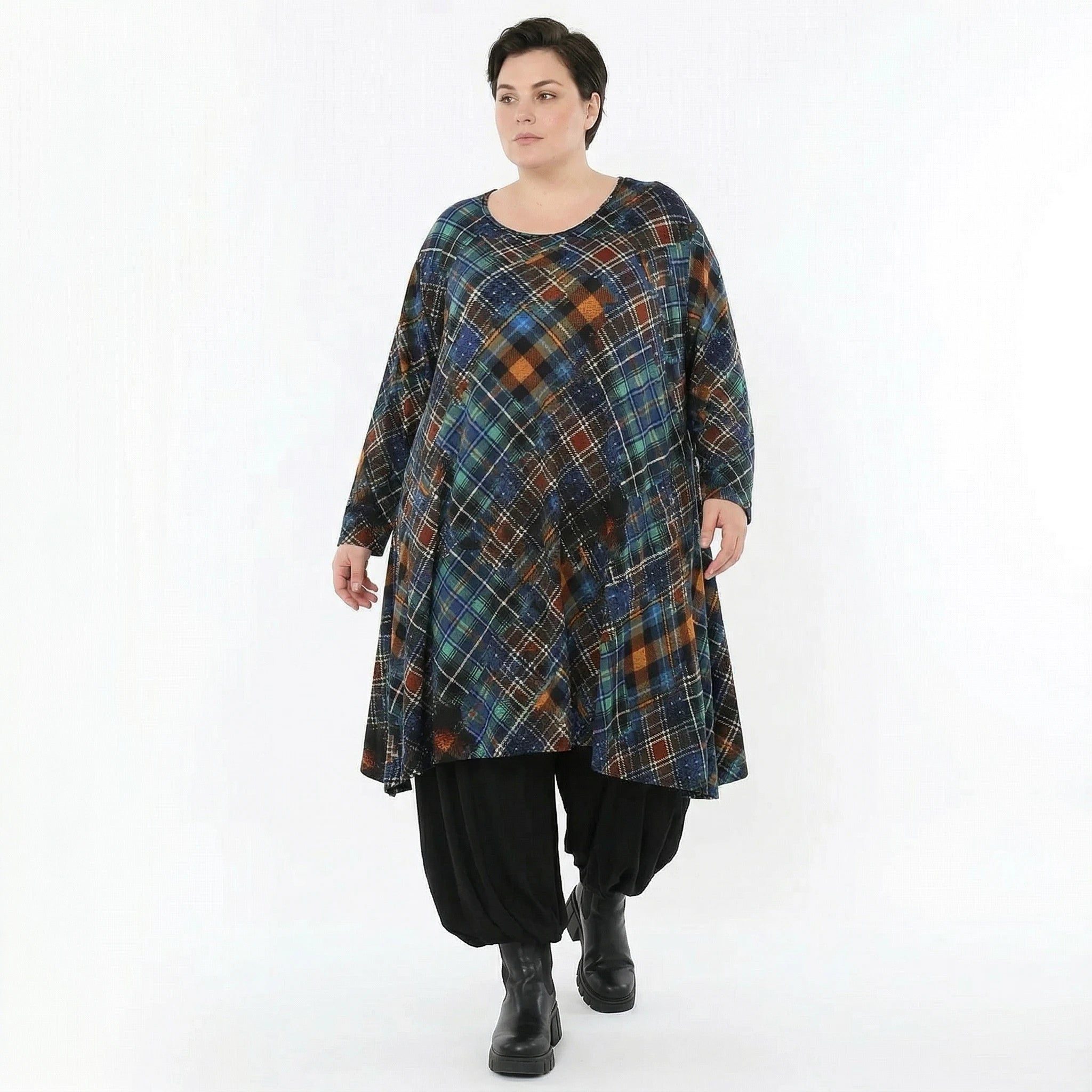 A-Form Bigshirt von AKH Fashion aus Viskose, 1518.02666, Multicolor/Grün, Kariert, Ausgefallen
