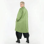 Vokuhila Jacke aus grünem veganem Lederimitat mit Stehkragen Langarm und Seitentaschen