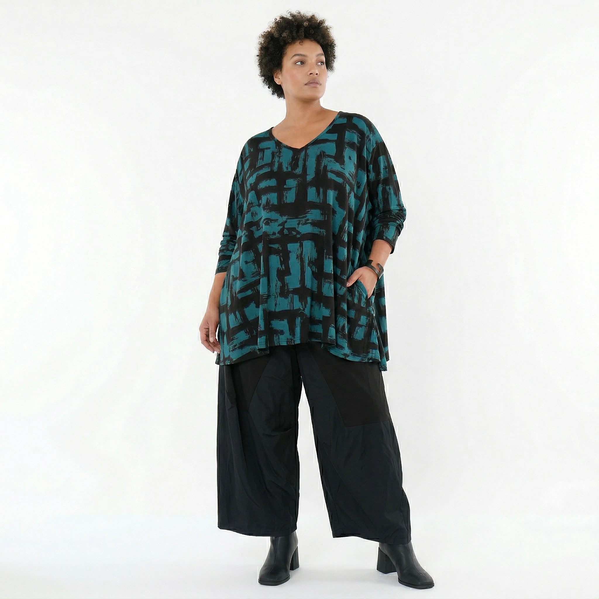 A-Form Bigshirt von AKH Fashion aus Viskose, 1519.02593, Petrol/Schwarz, Pinselstrich, Schick