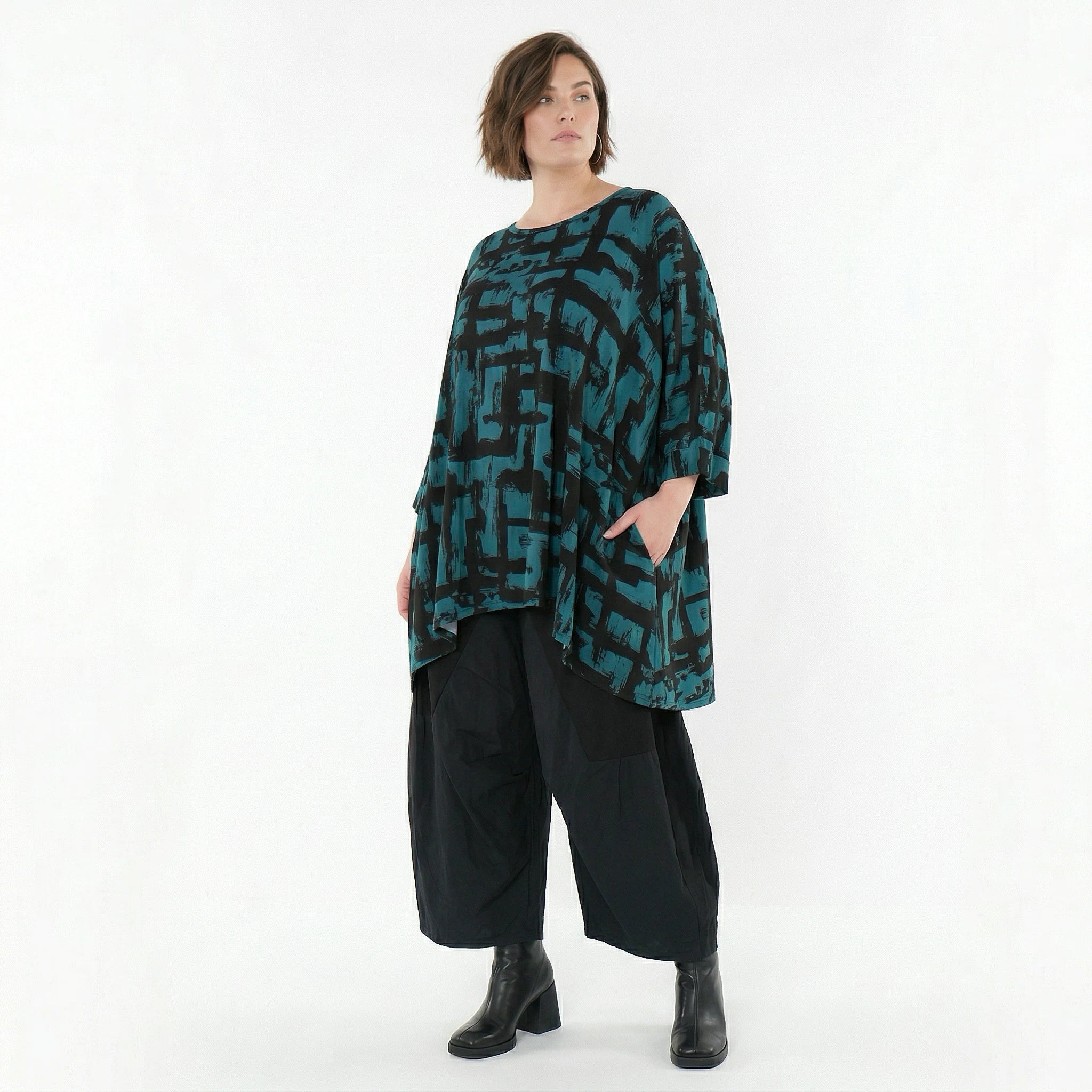 A-Form Bigshirt von AKH Fashion aus Viskose, 1519.07116, Petrol/Schwarz, Pinselstrich, Schick
