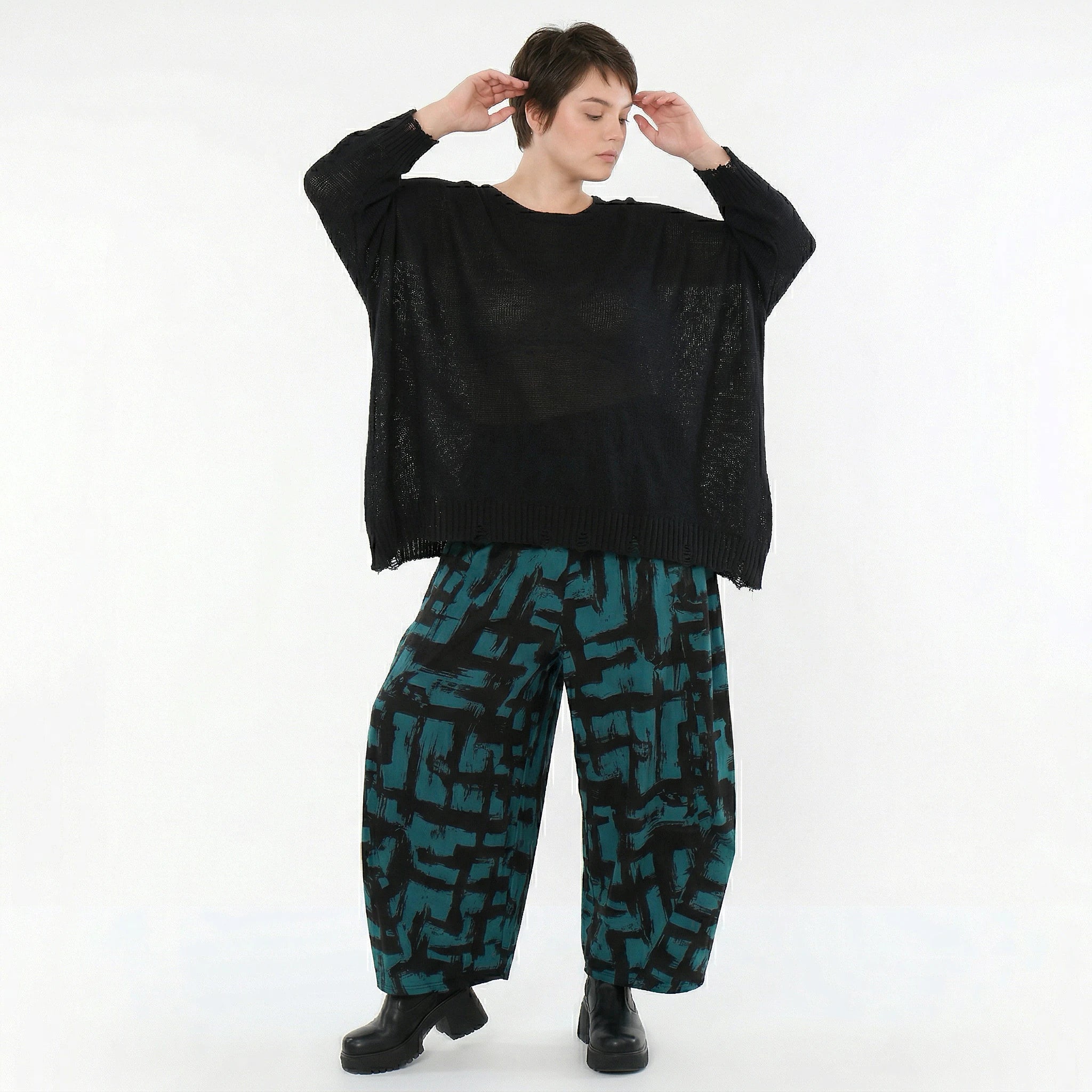 Ballonhose von AKH Fashion aus Viskose, 1519.08069, Petrol/Schwarz, Pinselstrich, Schick
