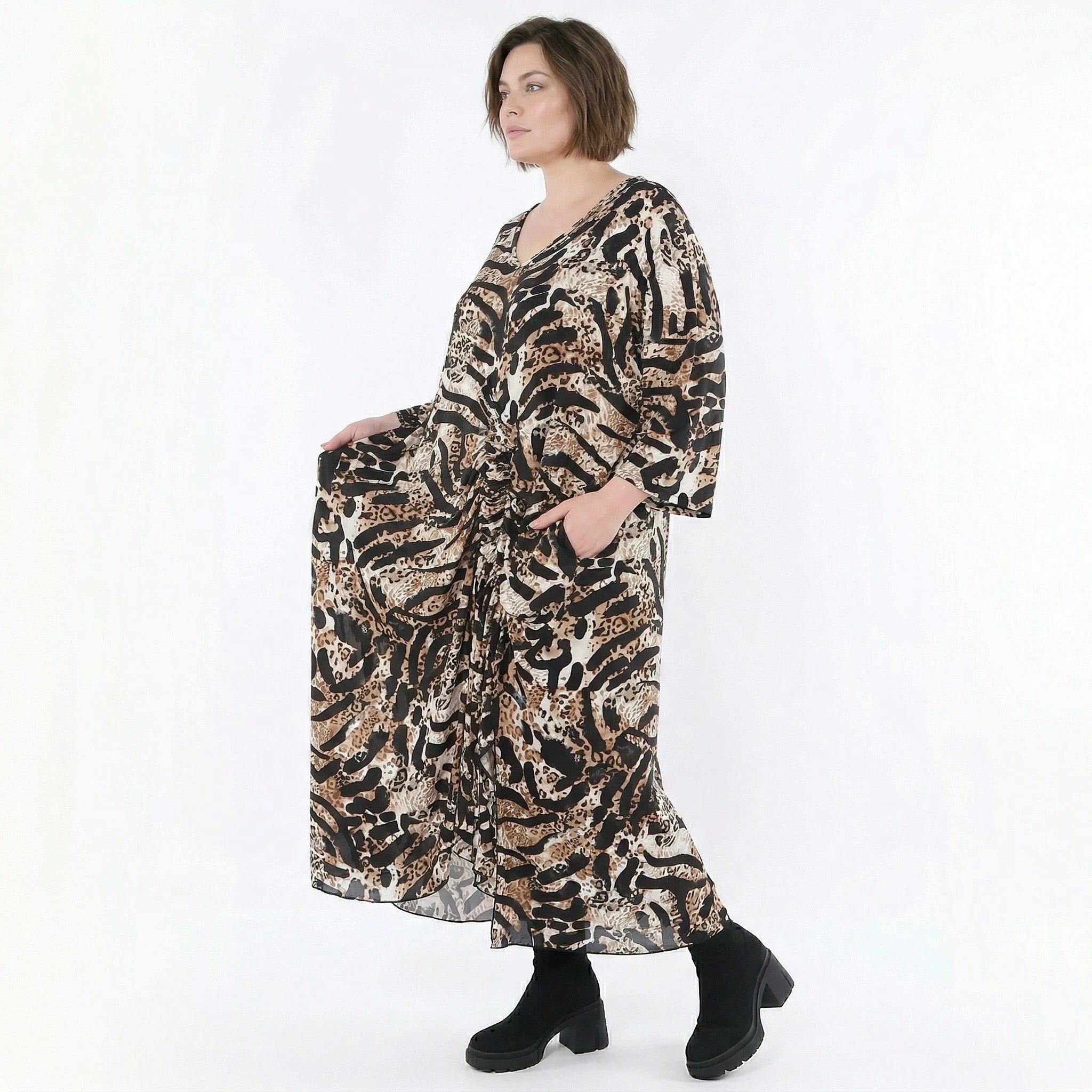 Kleid von AKH Fashion aus Materialmix, 1521.07134, Schwarz/Cognac/Weiß, Leopard, Schick
