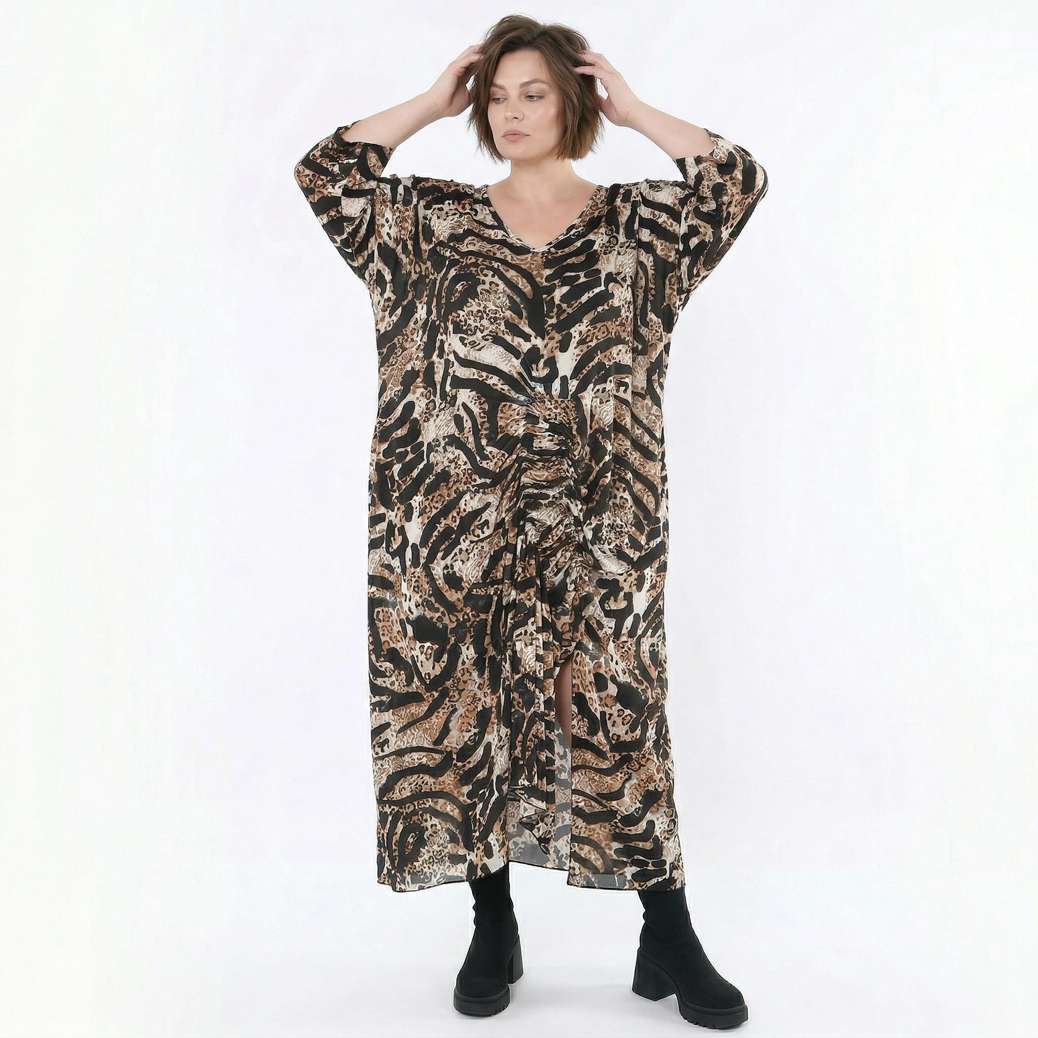 Kleid von AKH Fashion aus Materialmix, 1521.07134, Schwarz/Cognac/Weiß, Leopard, Schick