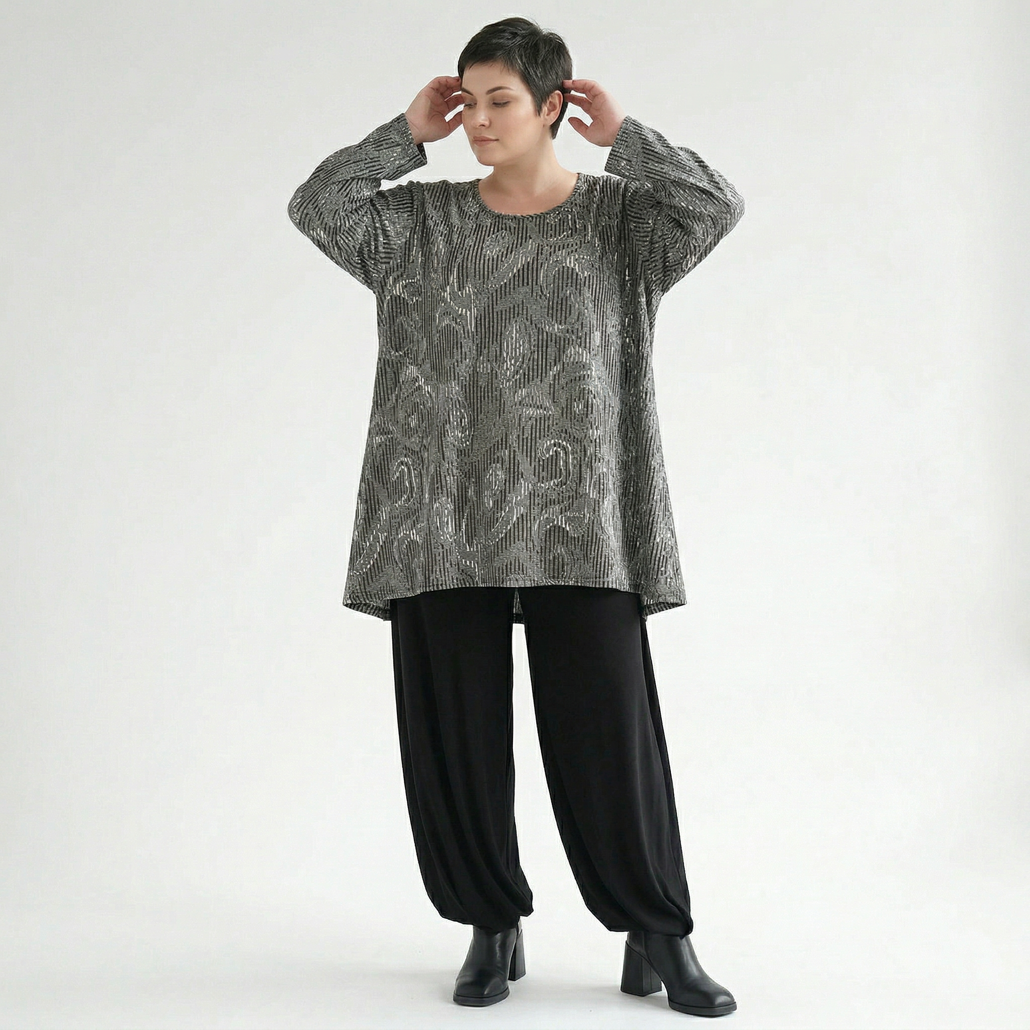 A-Form Bigshirt von AKH Fashion aus Materialmix, 1500593, Grau/Schwarz/Weiß, Vichy-Streifen