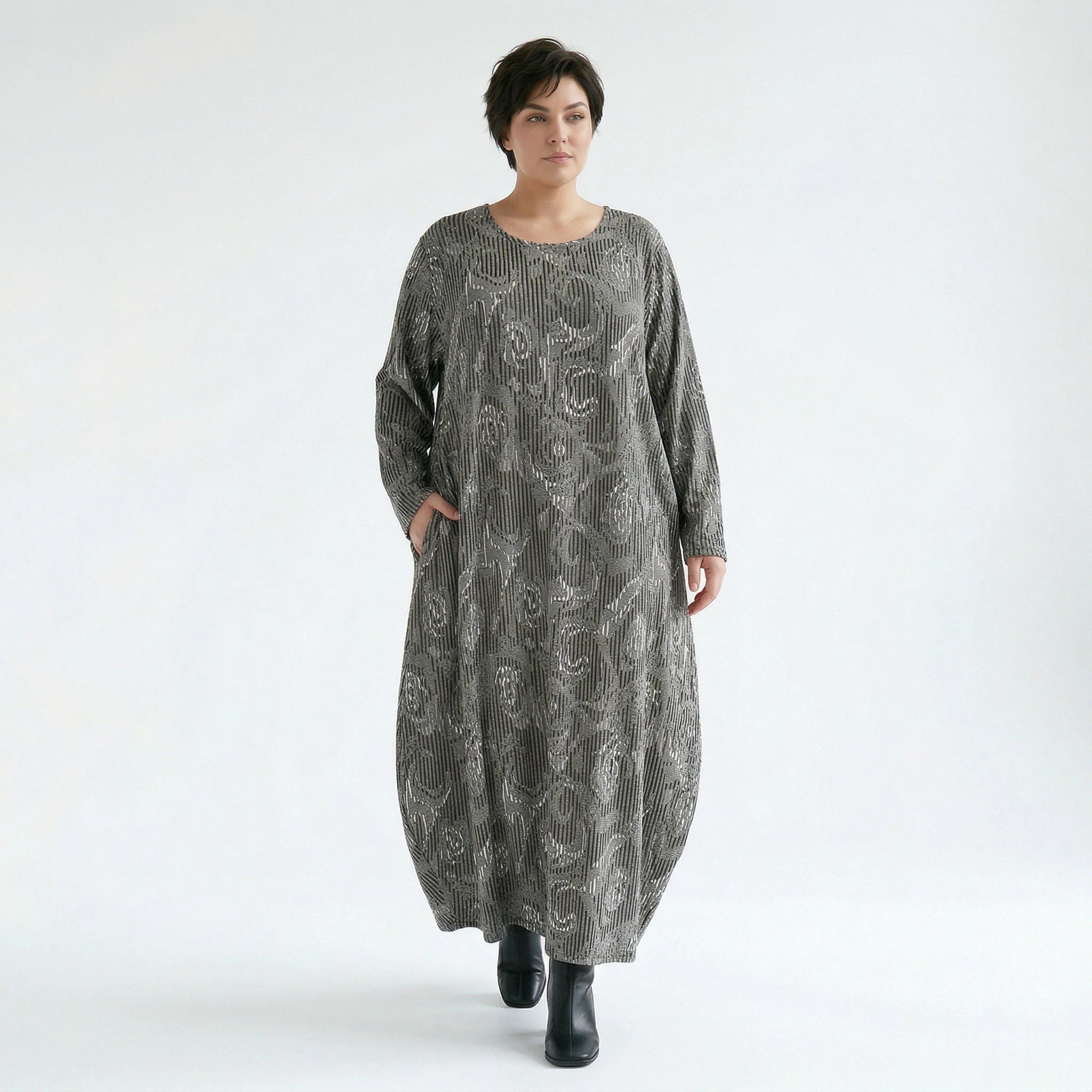 Ballonkleid von AKH Fashion aus Materialmix, 1501926, Grau/Schwarz/Weiß, Vichy-Streifen