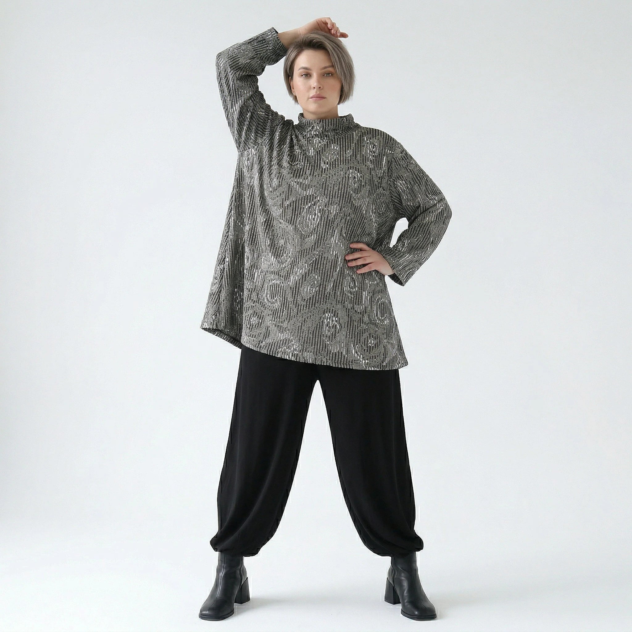 AKH Fashion Shirt in Glocken-Form, aus Materialmix, 151892R, Grau/Schwarz/Weiß, Schick