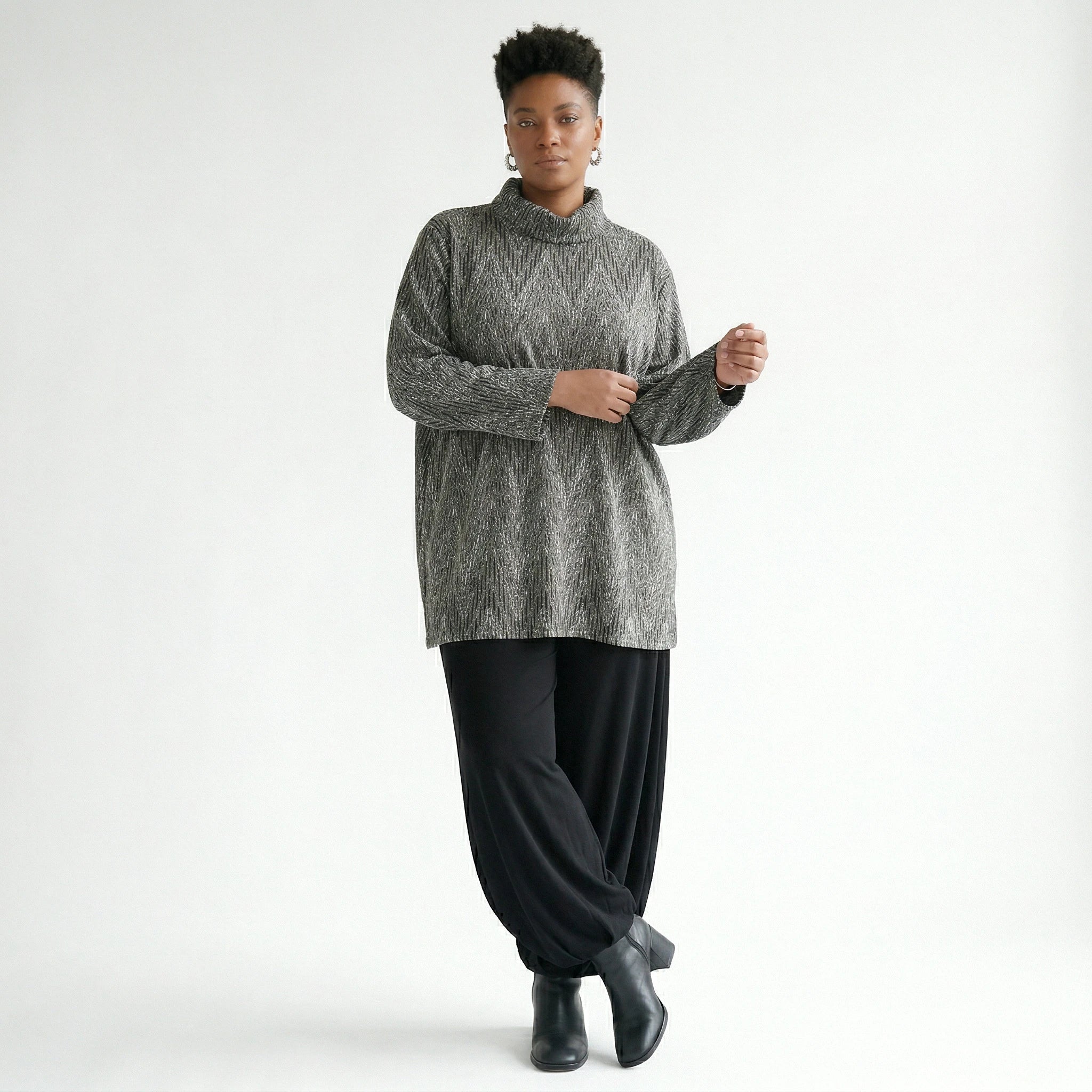 AKH Fashion Shirt in Glocken-Form, aus Materialmix, 1526.1892R, Grau/Schwarz/Weiß, Schick