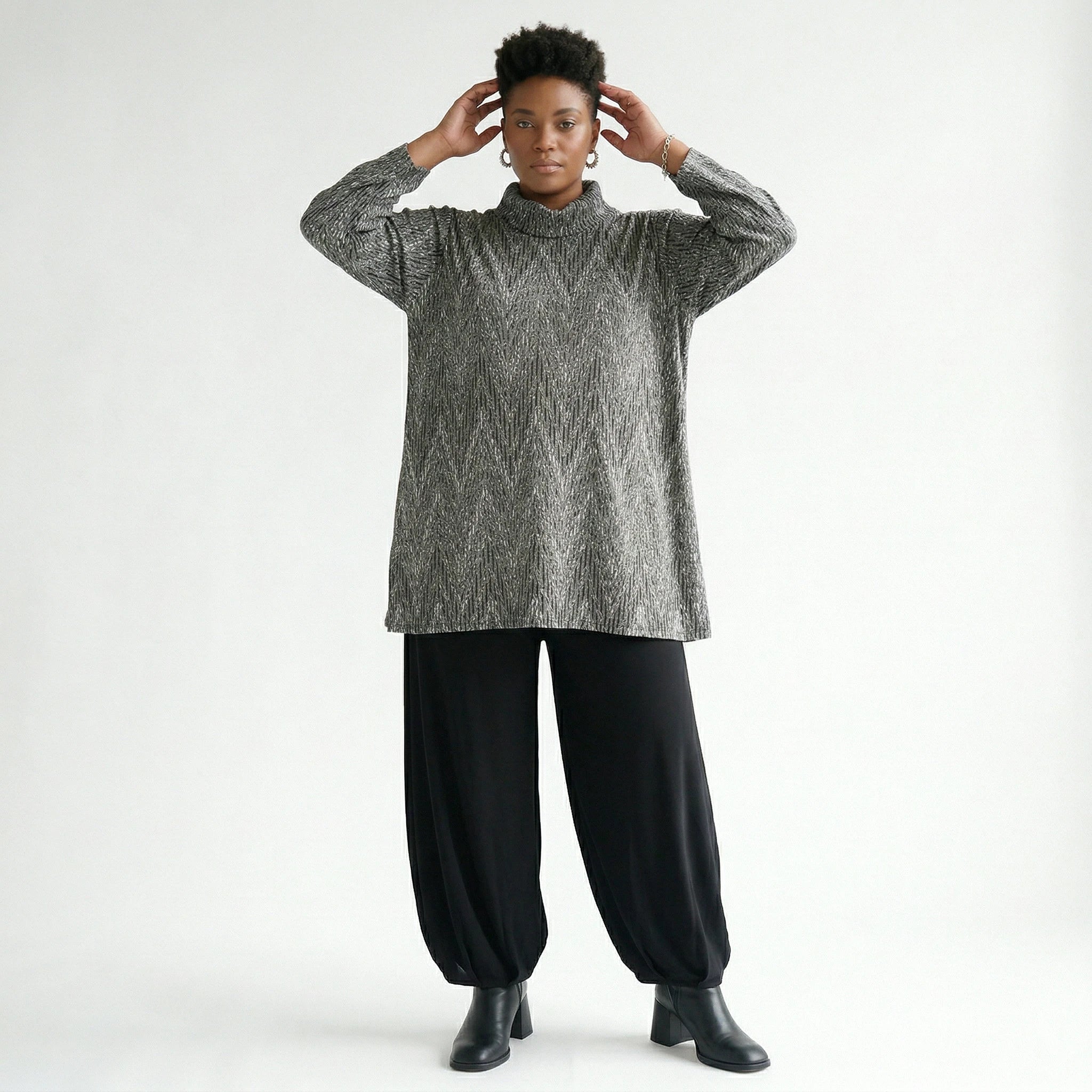 AKH Fashion Shirt in Glocken-Form, aus Materialmix, 1526.1892R, Grau/Schwarz/Weiß, Schick