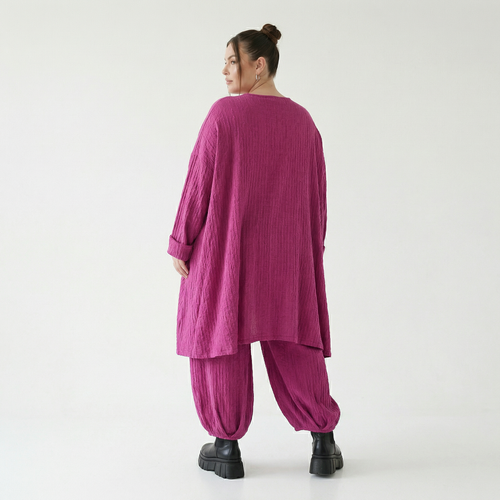 Fuchsia Feinstrickshirt in A-Form mit Ajourmuster und Wellenstruktur mit Nahttaschen