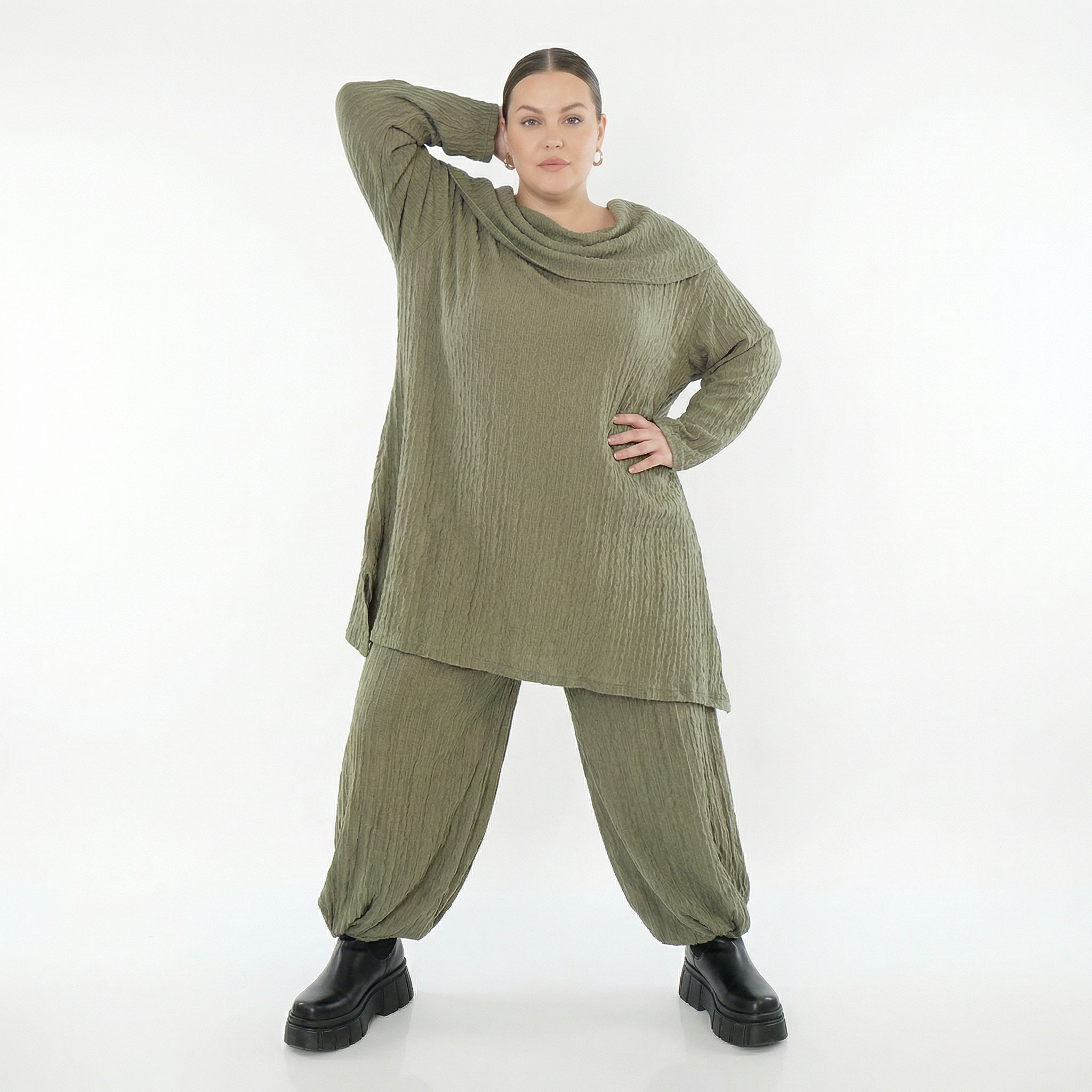 A-Form Bigshirt von AKH Fashion aus Materialmix, 1532.07145, Olive, Wellen, Ausgefallen