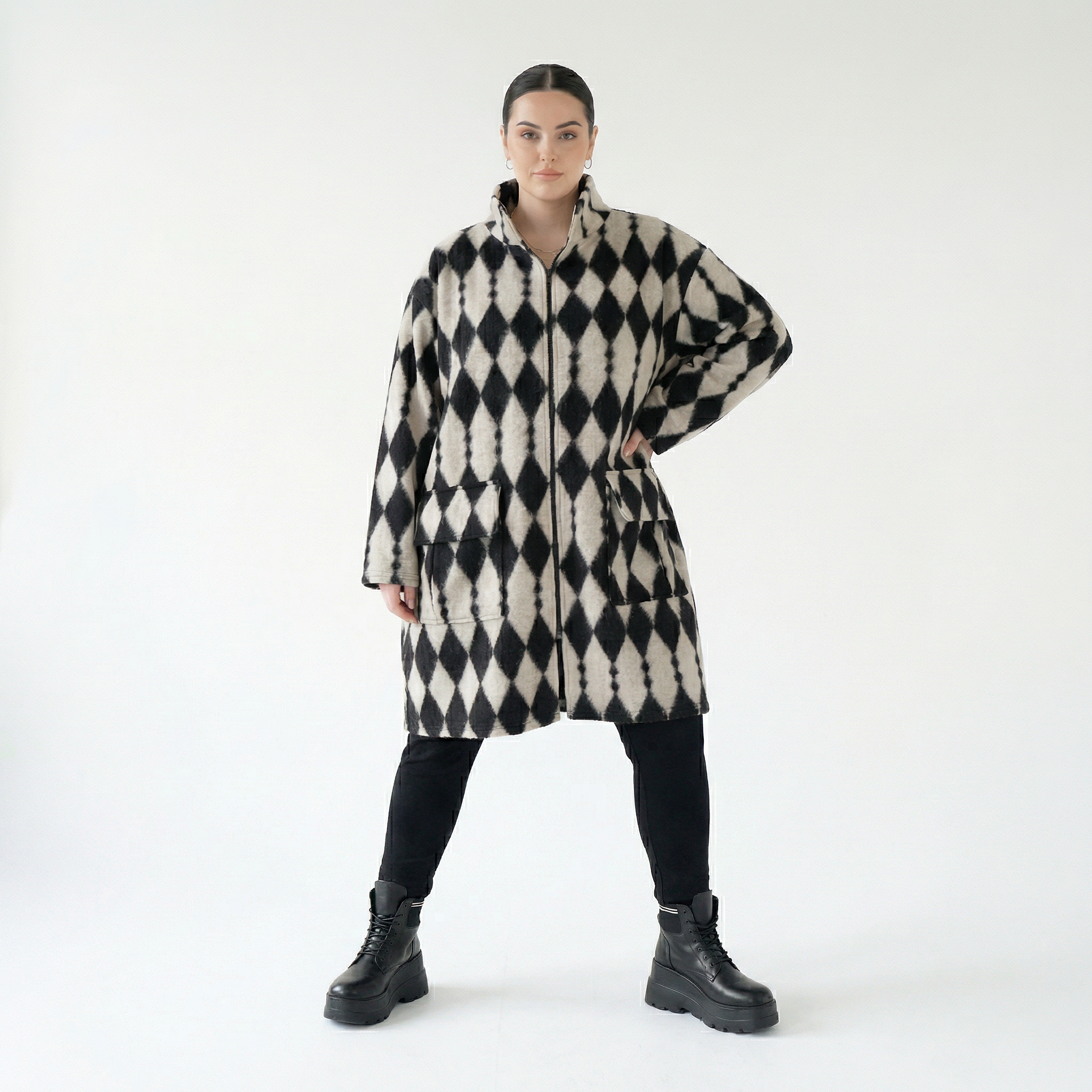  AKH Fashion Mantel in gerader Form, aus Materialmix, 1538.06656, Ecru/Schwarz, Raute