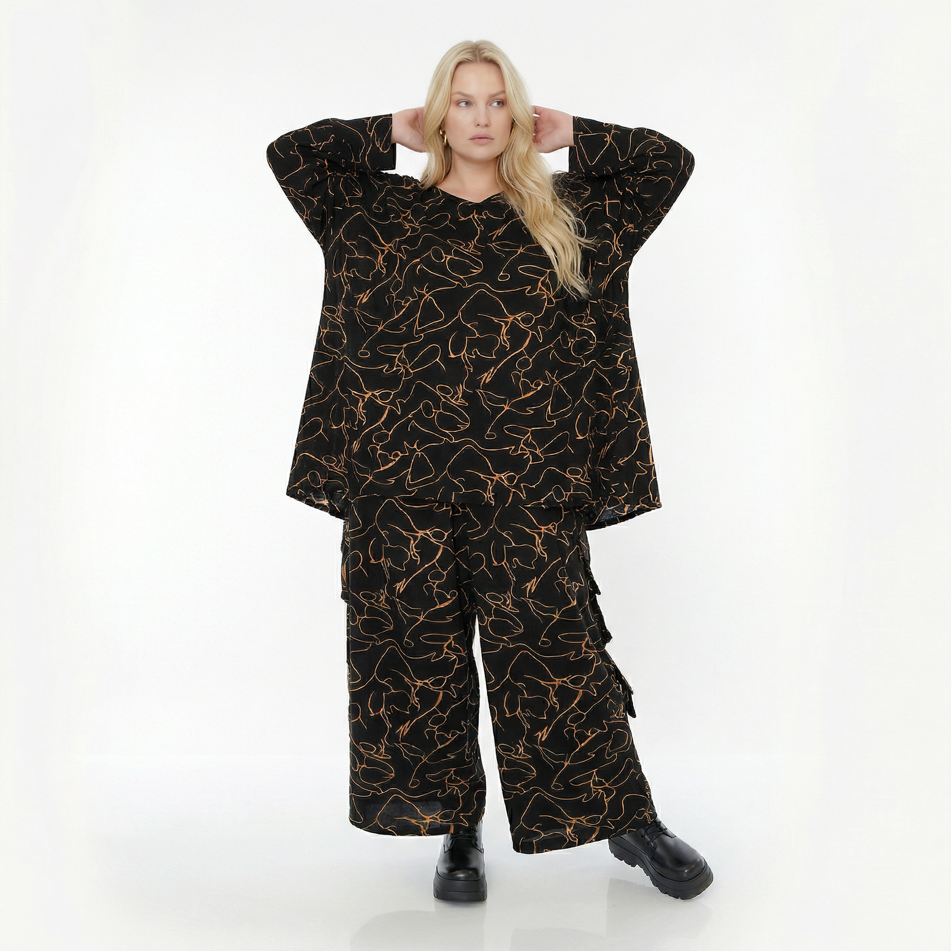  A-Form Bigshirt von AKH Fashion aus Viskose, 1545.00593, Schwarz/Orange, Kringel, Schick