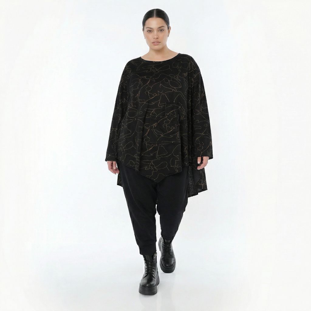  A-Form Bigshirt von AKH Fashion aus Viskose, 1545.07138, Schwarz/Braun, Kringel, Ausgefallen