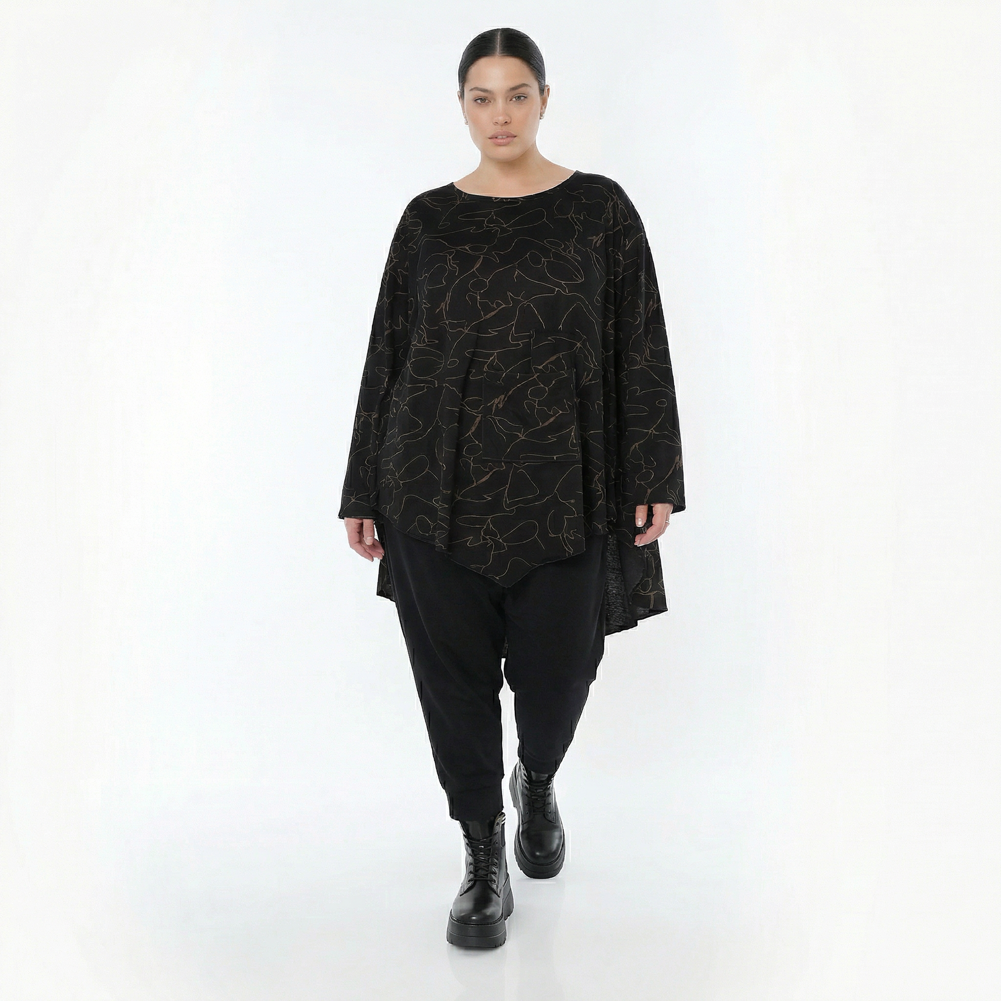  A-Form Bigshirt von AKH Fashion aus Viskose, 1545.07138, Schwarz/Braun, Kringel, Ausgefallen