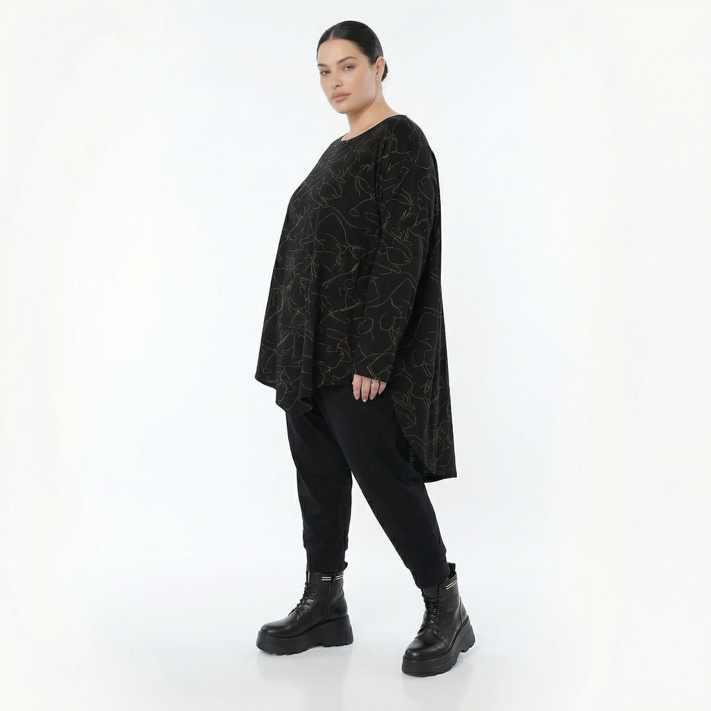  A-Form Bigshirt von AKH Fashion aus Viskose, 1545.07138, Schwarz/Braun, Kringel, Ausgefallen