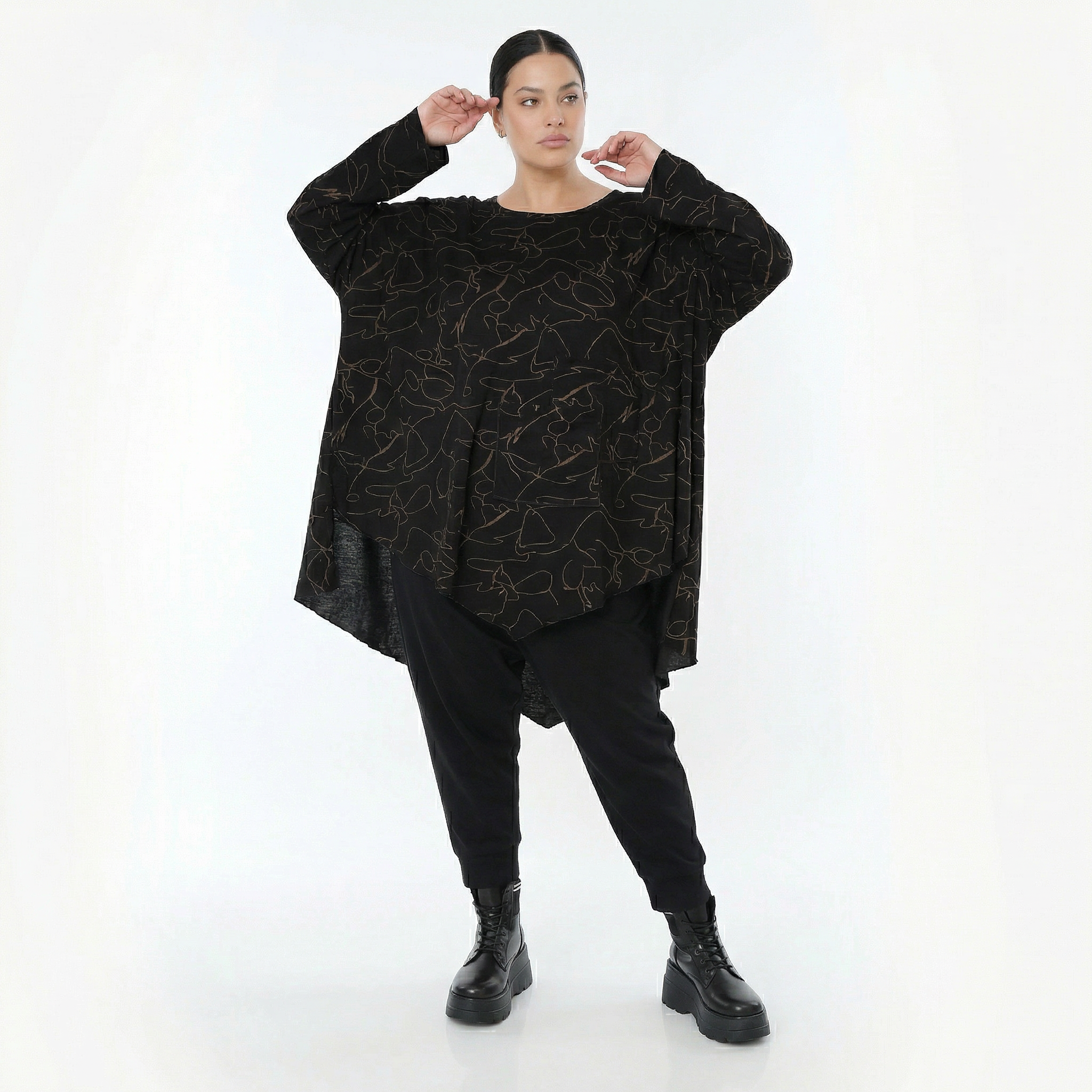  A-Form Bigshirt von AKH Fashion aus Viskose, 1545.07138, Schwarz/Braun, Kringel, Ausgefallen