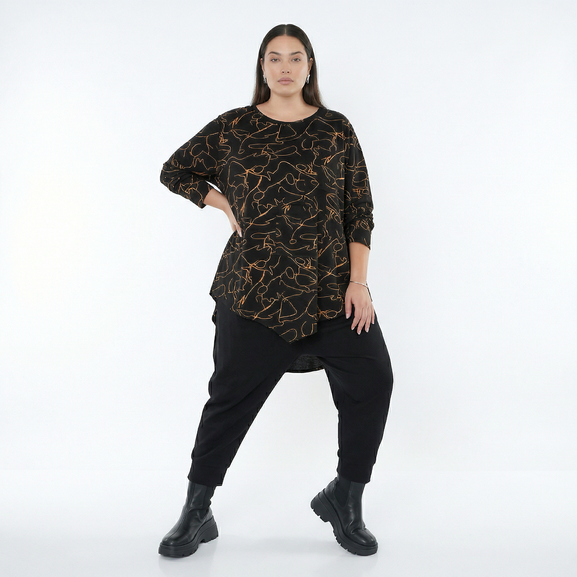  A-Form Bigshirt von AKH Fashion aus Viskose, 1545.07138, Schwarz/Orange, Kringel, Schick