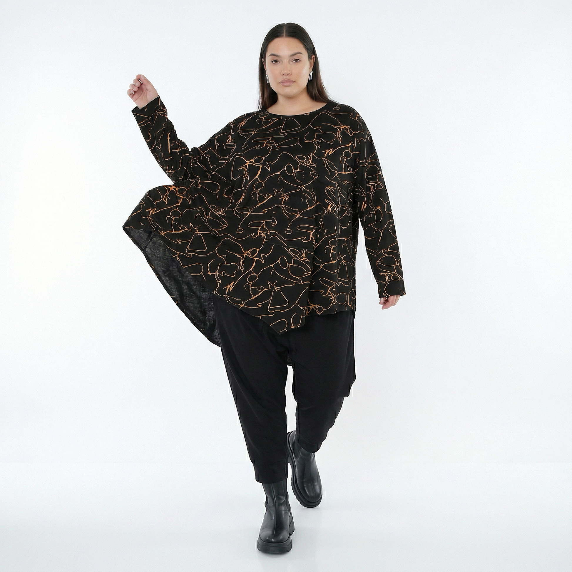  A-Form Bigshirt von AKH Fashion aus Viskose, 1545.07138, Schwarz/Orange, Kringel, Schick