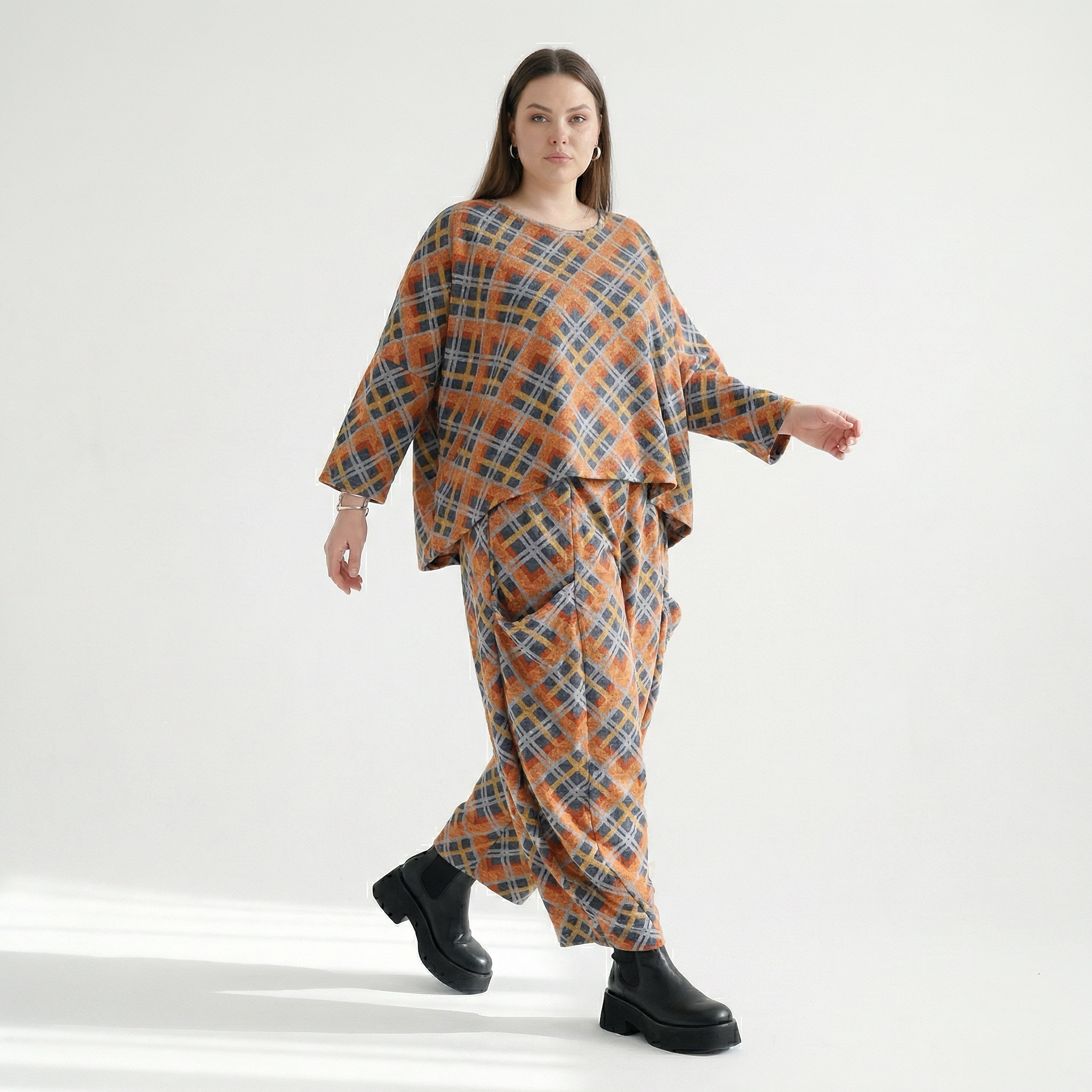  Ballonhose von AKH Fashion aus Materialmix, 1549.08069, Orange/Blau/Grau, Kariert, Schick