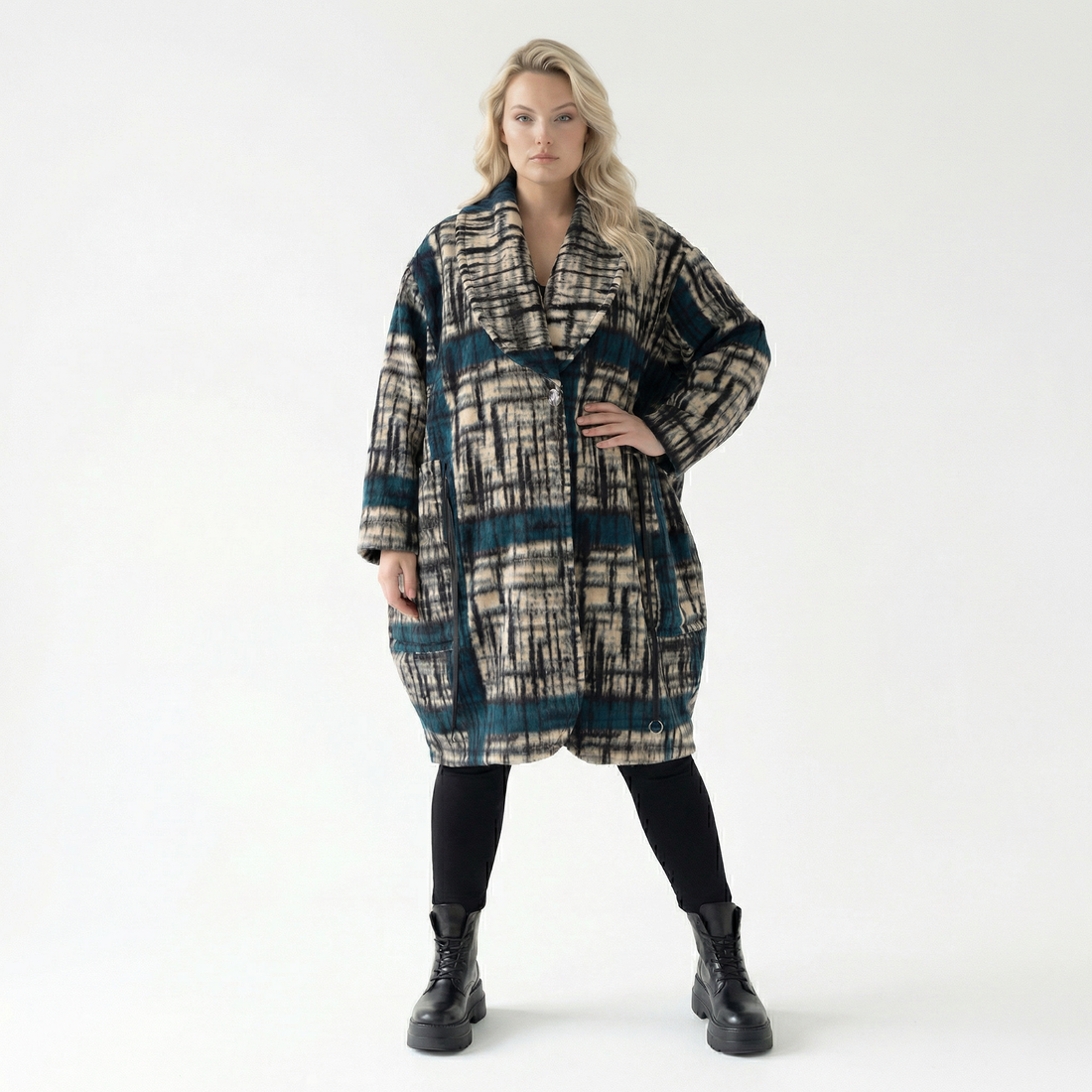  Ballonmantel von AKH Fashion aus Materialmix, 1553.07164, Schwarz/Ecru/Petrol, Kariert