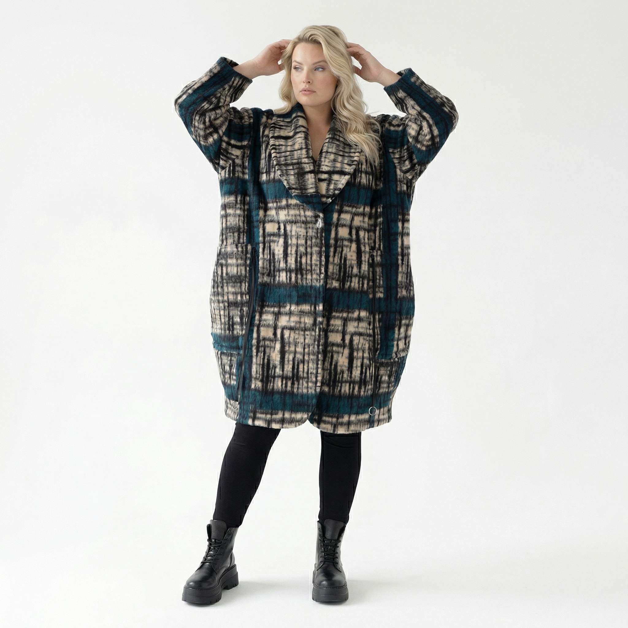  Ballonmantel von AKH Fashion aus Materialmix, 1553.07164, Schwarz/Ecru/Petrol, Kariert